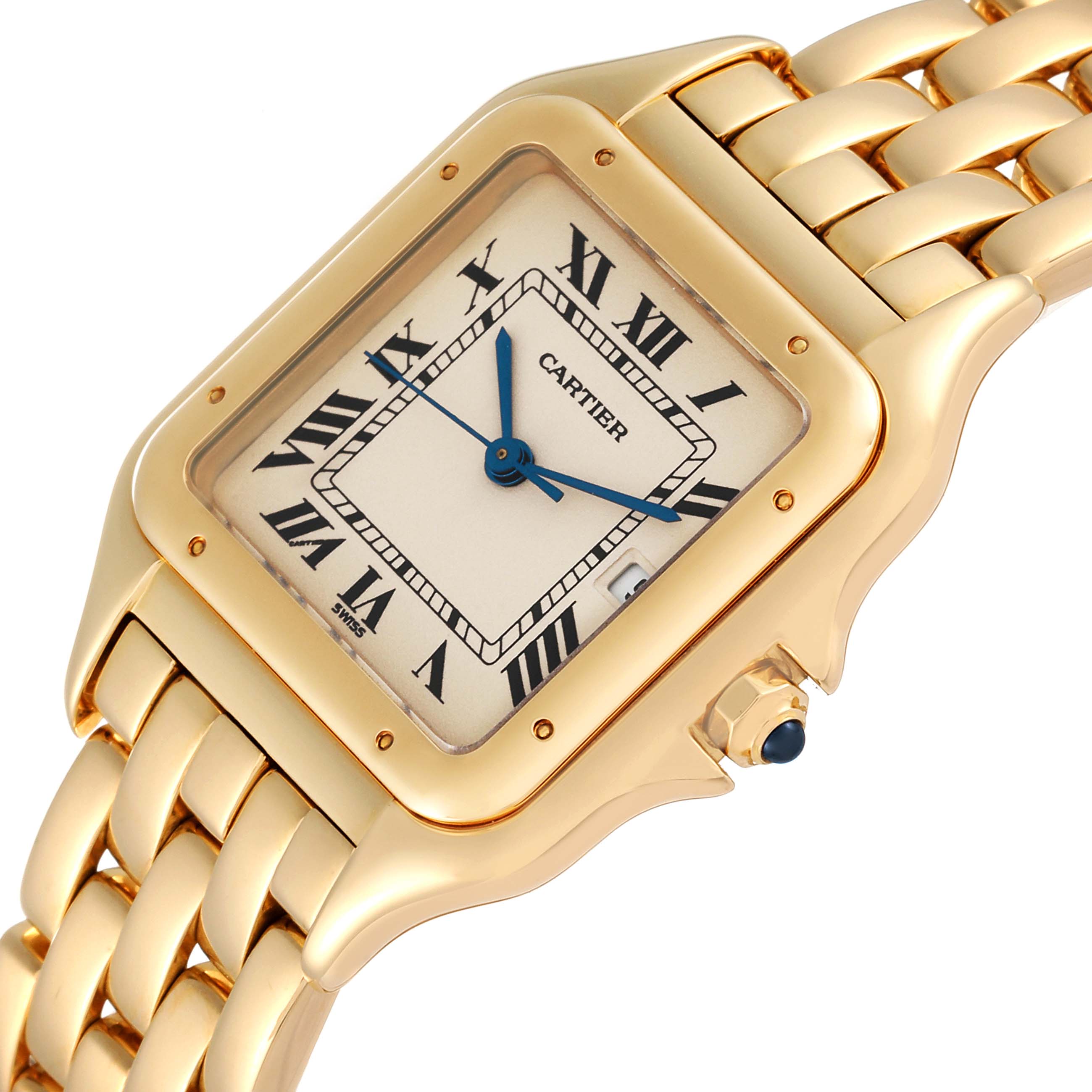 The image shows a close-up of the Cartier Panthere W2501489 Men
s Yellow Gold Silver Dial W2501489 Men
s Yellow Gold Silver Dial watch, highlighting the dial, case, and a portion of the bracelet.