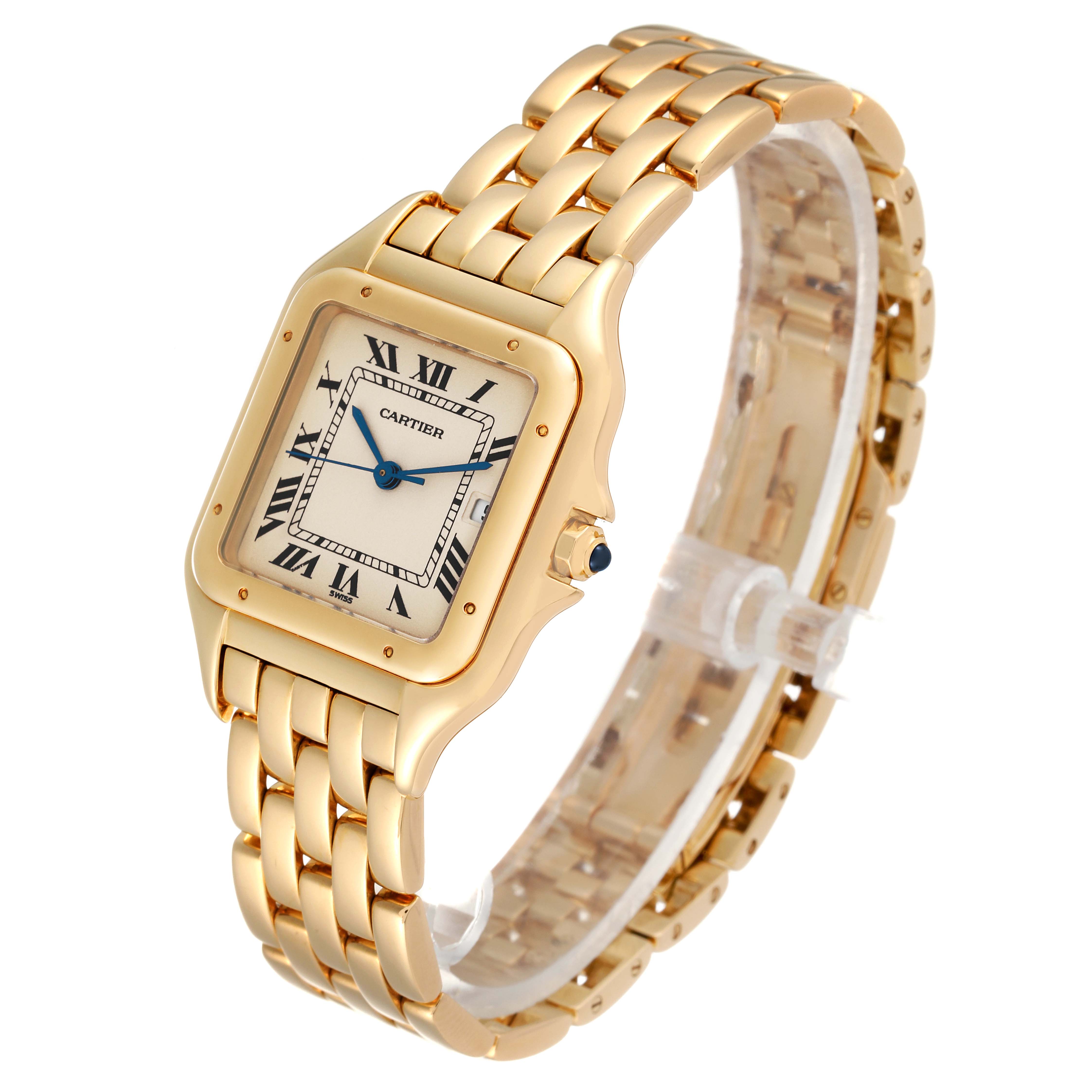 The image shows a Cartier Panthere W2501489 Men
s Yellow Gold Silver Dial W2501489 Men
s Yellow Gold Silver Dial watch at a three-quarter angle, highlighting its gold case, dial, and bracelet.