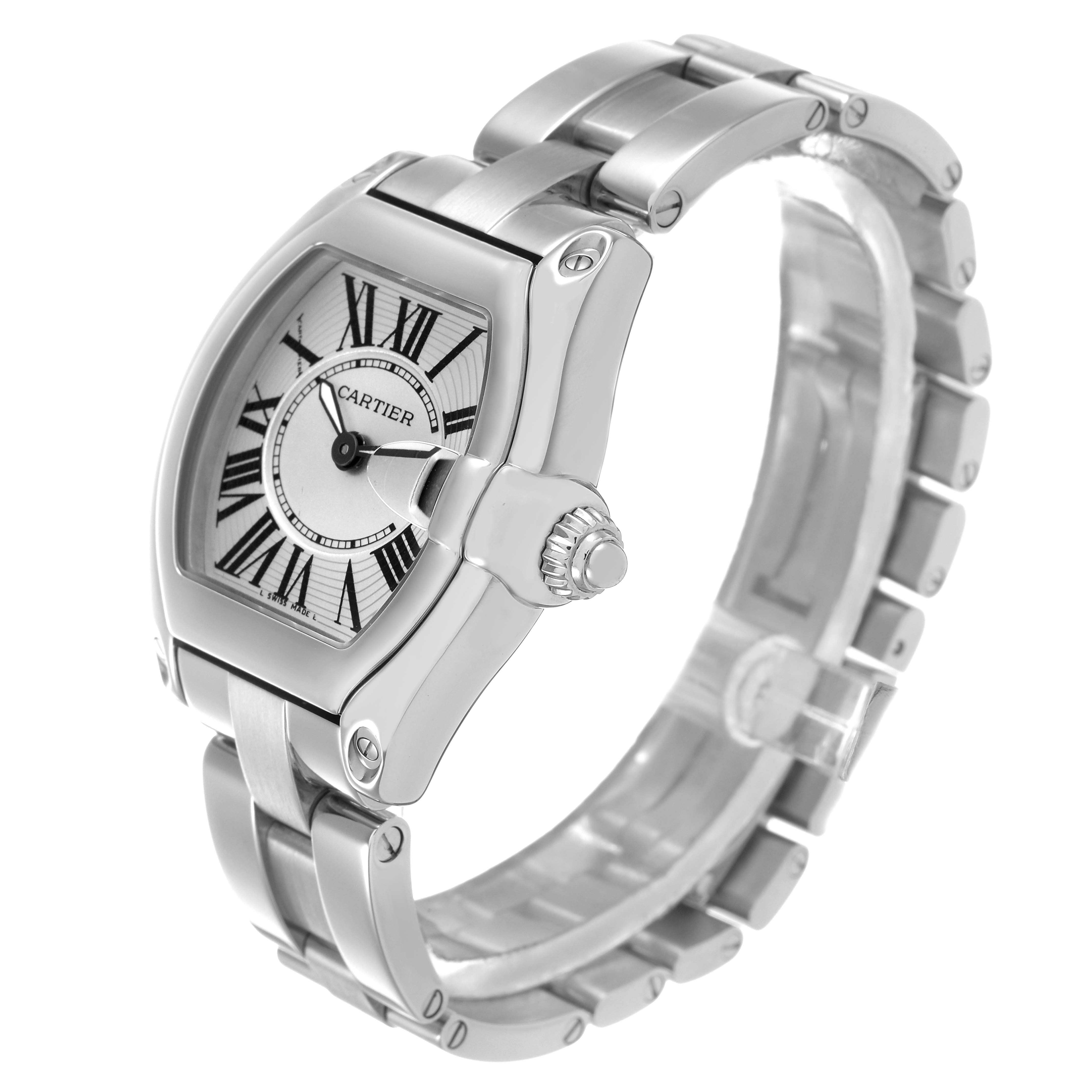 The Cartier Roadster W62016V3 Women's Stainless Steel Silver Dial watch is shown at a slight angle, highlighting the face, crown, and bracelet.