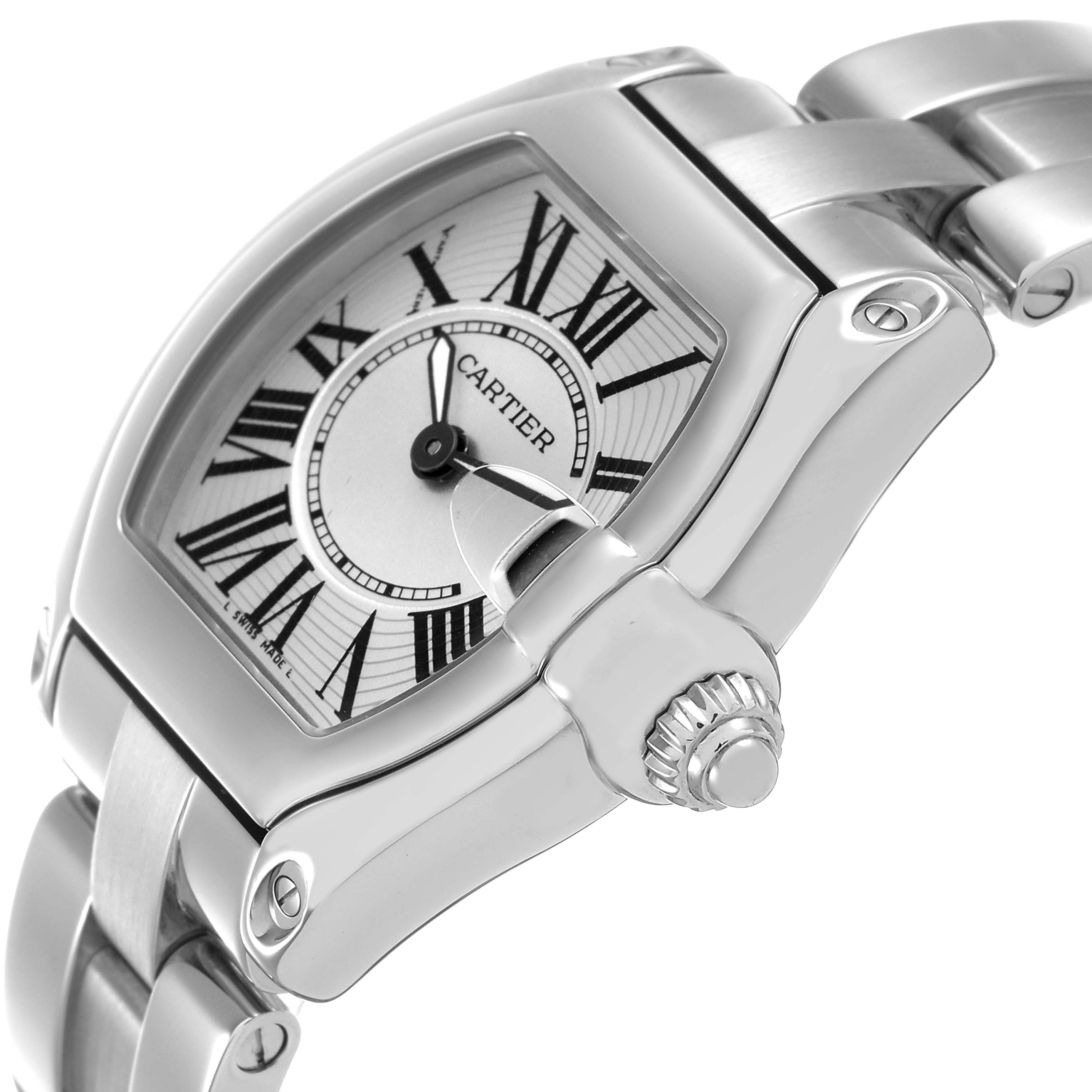 The Cartier Roadster W62016V3 Women's Stainless Steel Silver Dial watch is shown at a three-quarter angle, highlighting the case, dial, crown, and part of the bracelet.