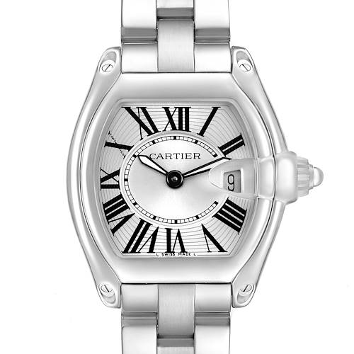 The image shows a front view of the Cartier Roadster W62016V3 Women's Stainless Steel Silver Dial watch, highlighting its dial, Roman numerals, and date function.