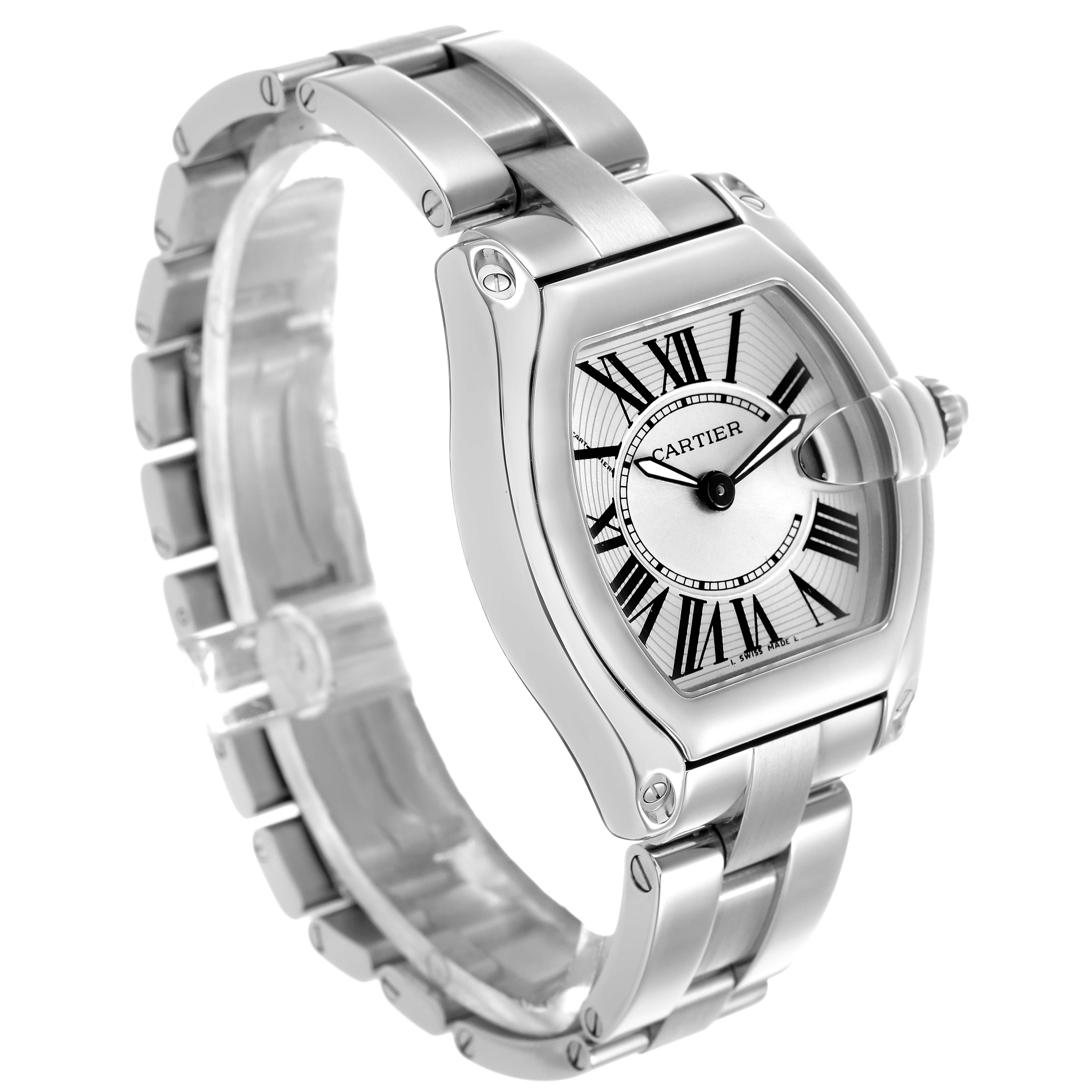The Cartier Roadster W62016V3 Women's Stainless Steel Silver Dial watch is shown at a three-quarter angle highlighting the dial, bezel, and metal bracelet.