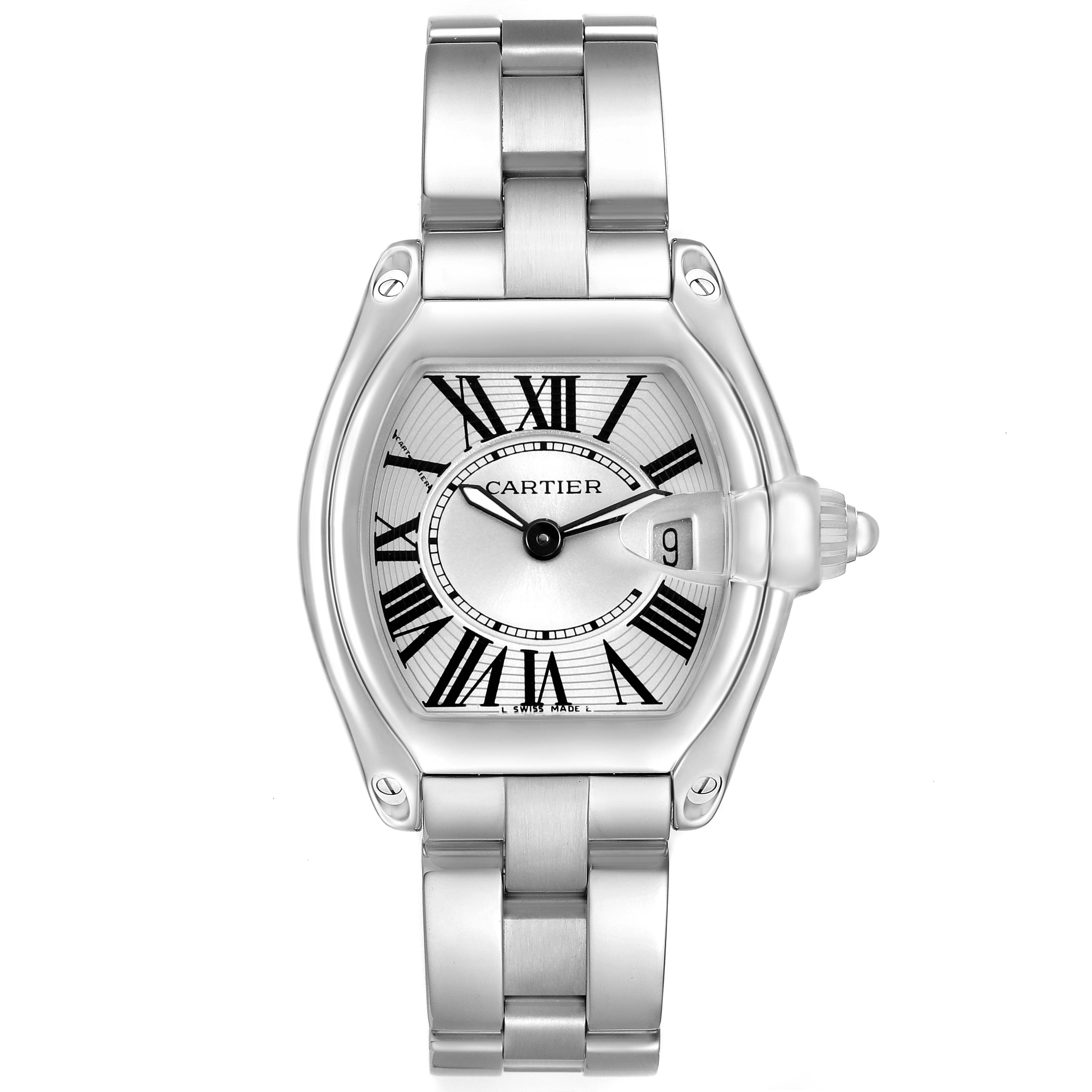 The Cartier Roadster W62016V3 Women's Stainless Steel Silver Dial watch is shown from a top-down angle, featuring the dial, bracelet, and crown.