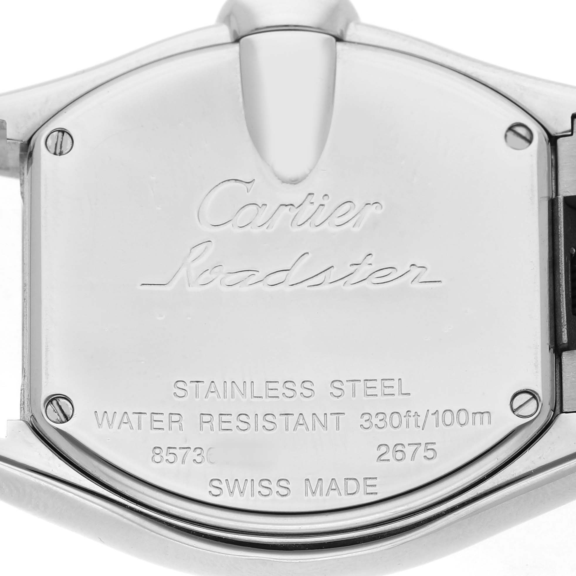 The image shows the back case of a Cartier Roadster W62016V3 Women's Stainless Steel Silver Dial watch, highlighting its stainless steel material and water resistance details.