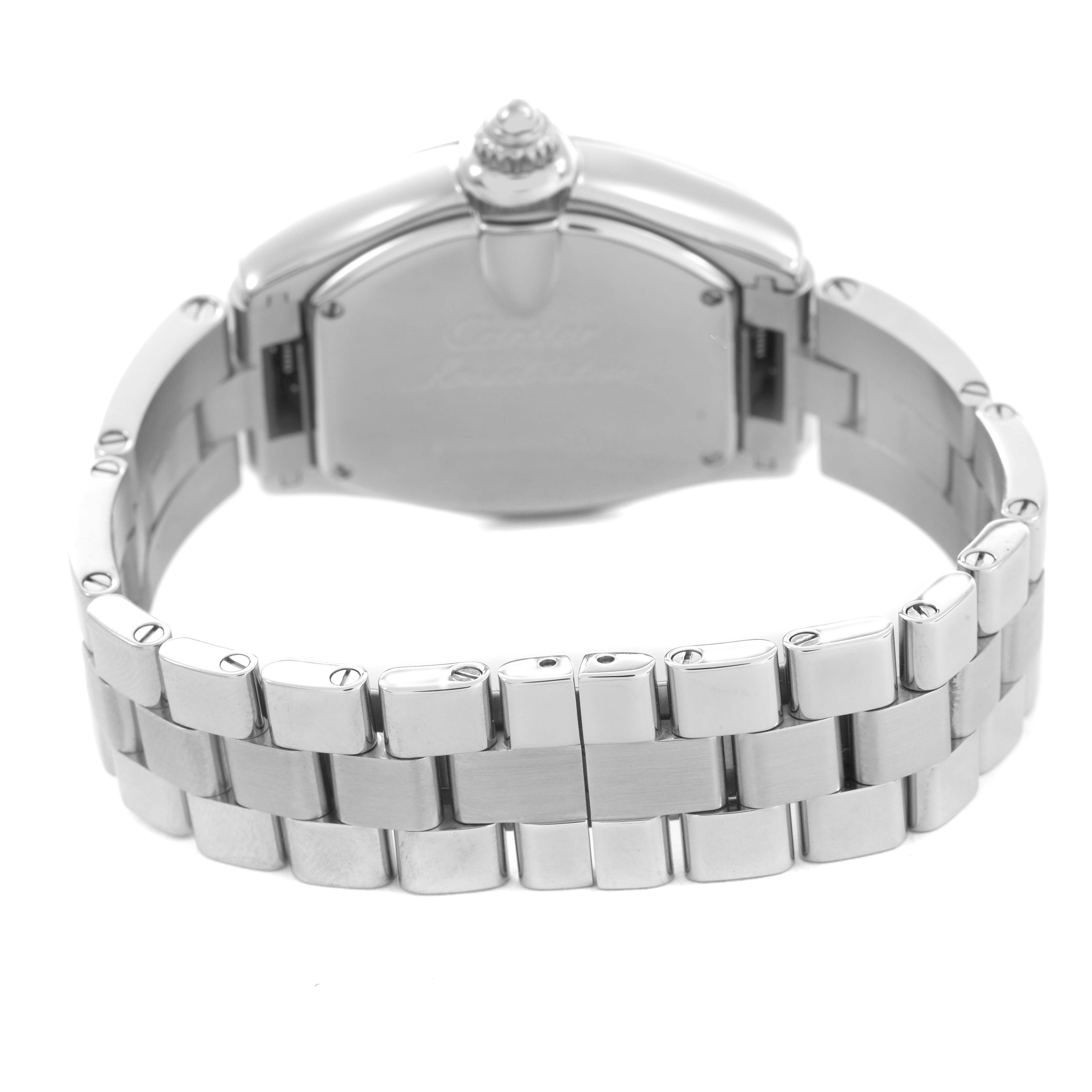 The Cartier Roadster W62016V3 Women's Stainless Steel Silver Dial watch is shown from the back, highlighting the clasp and stainless steel bracelet.