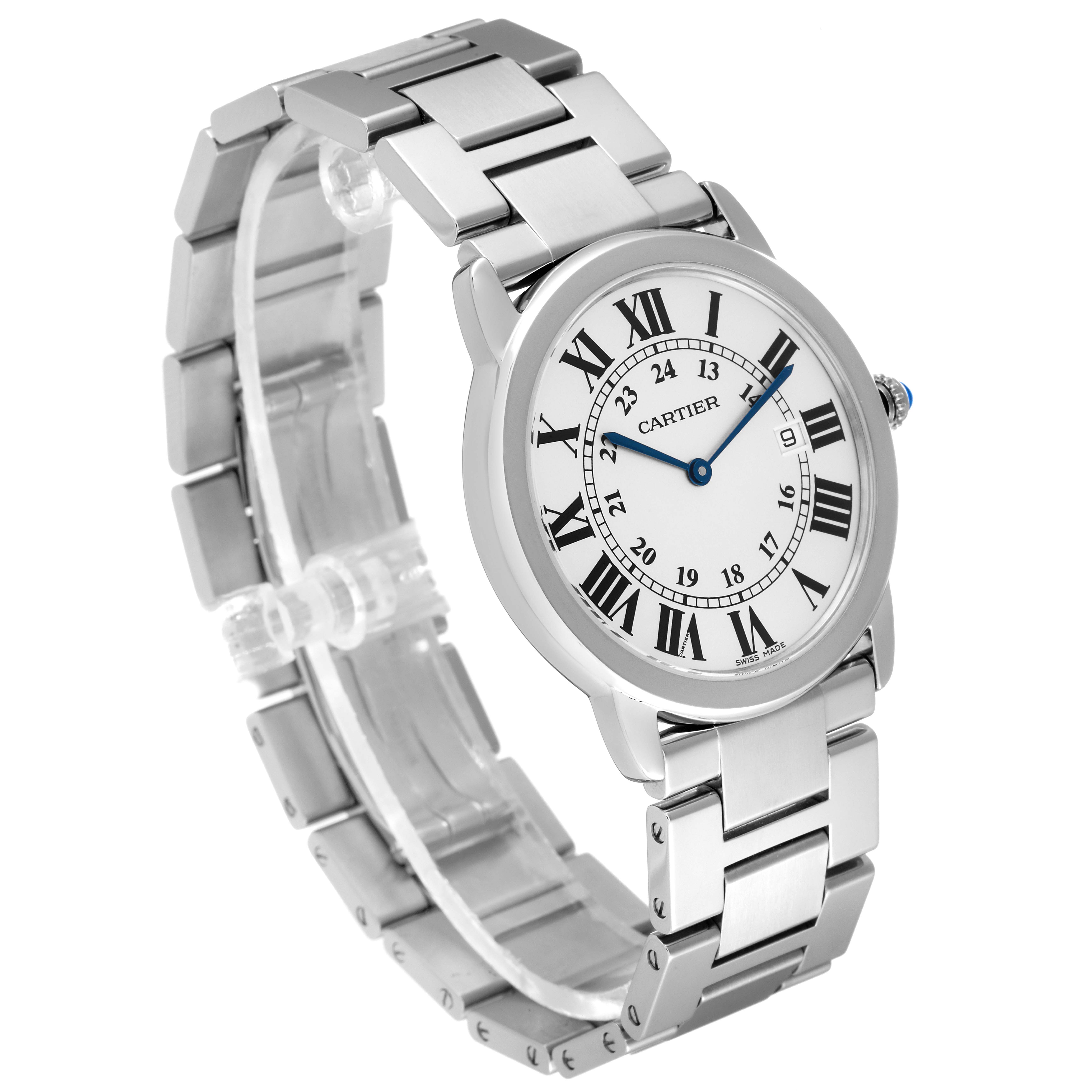The image shows a side angle of a Cartier Ronde W6701005 Men
s Stainless Steel Silver Dial W6701005 Men
s Stainless Steel Silver Dial watch featuring its silver bracelet and Roman numeral dial.