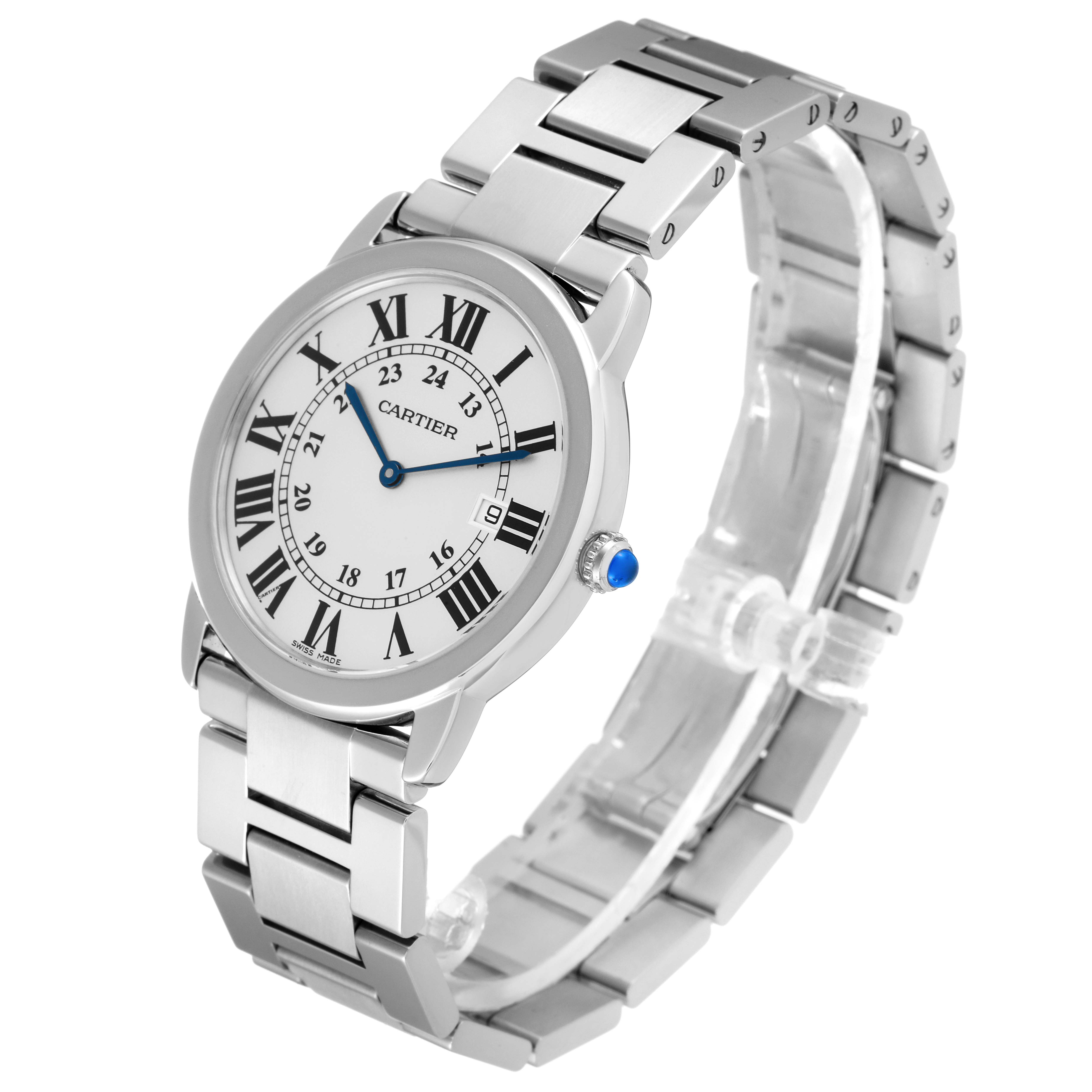 The image shows a Cartier Ronde W6701005 Men
s Stainless Steel Silver Dial W6701005 Men
s Stainless Steel Silver Dial watch from a front angled view, highlighting the dial, bracelet, and crown.