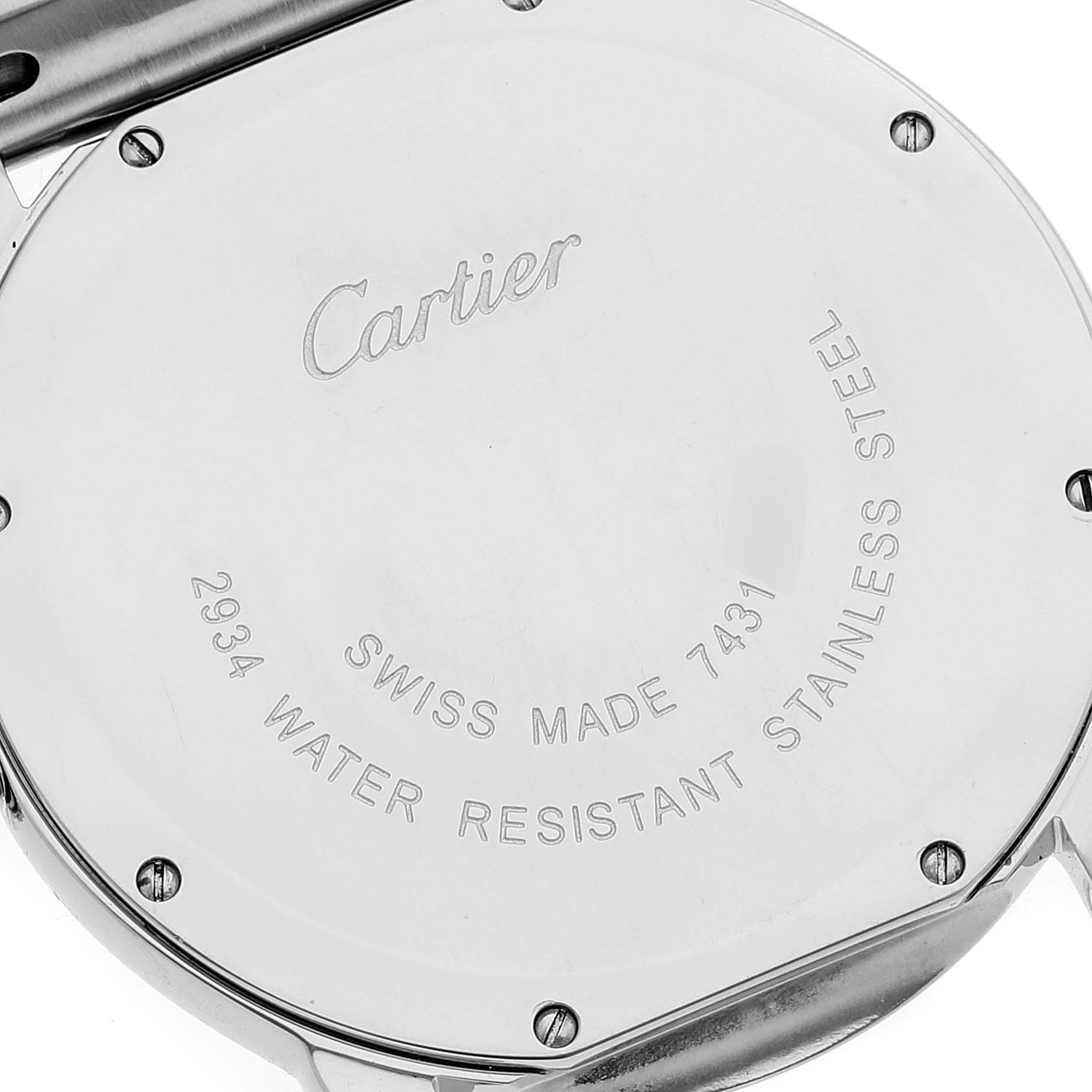 This image shows the back of a Cartier Ronde W6701005 Men
s Stainless Steel Silver Dial W6701005 Men
s Stainless Steel Silver Dial watch, highlighting its metal casing and engraved text.