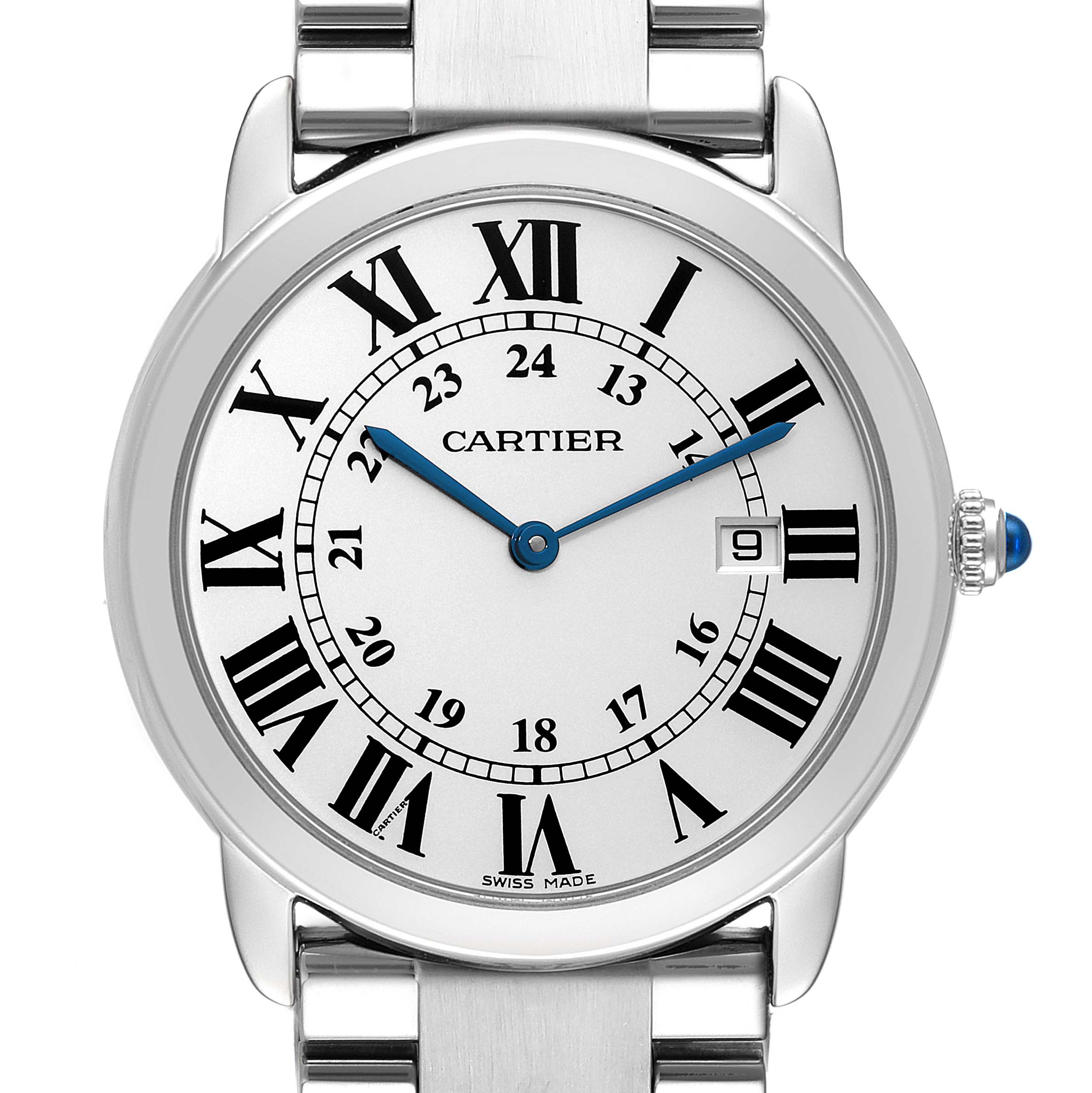 The image shows a front view of the Cartier Ronde W6701005 Men
s Stainless Steel Silver Dial W6701005 Men
s Stainless Steel Silver Dial watch, highlighting its face, Roman numerals, blue hands, and part of the metal strap.