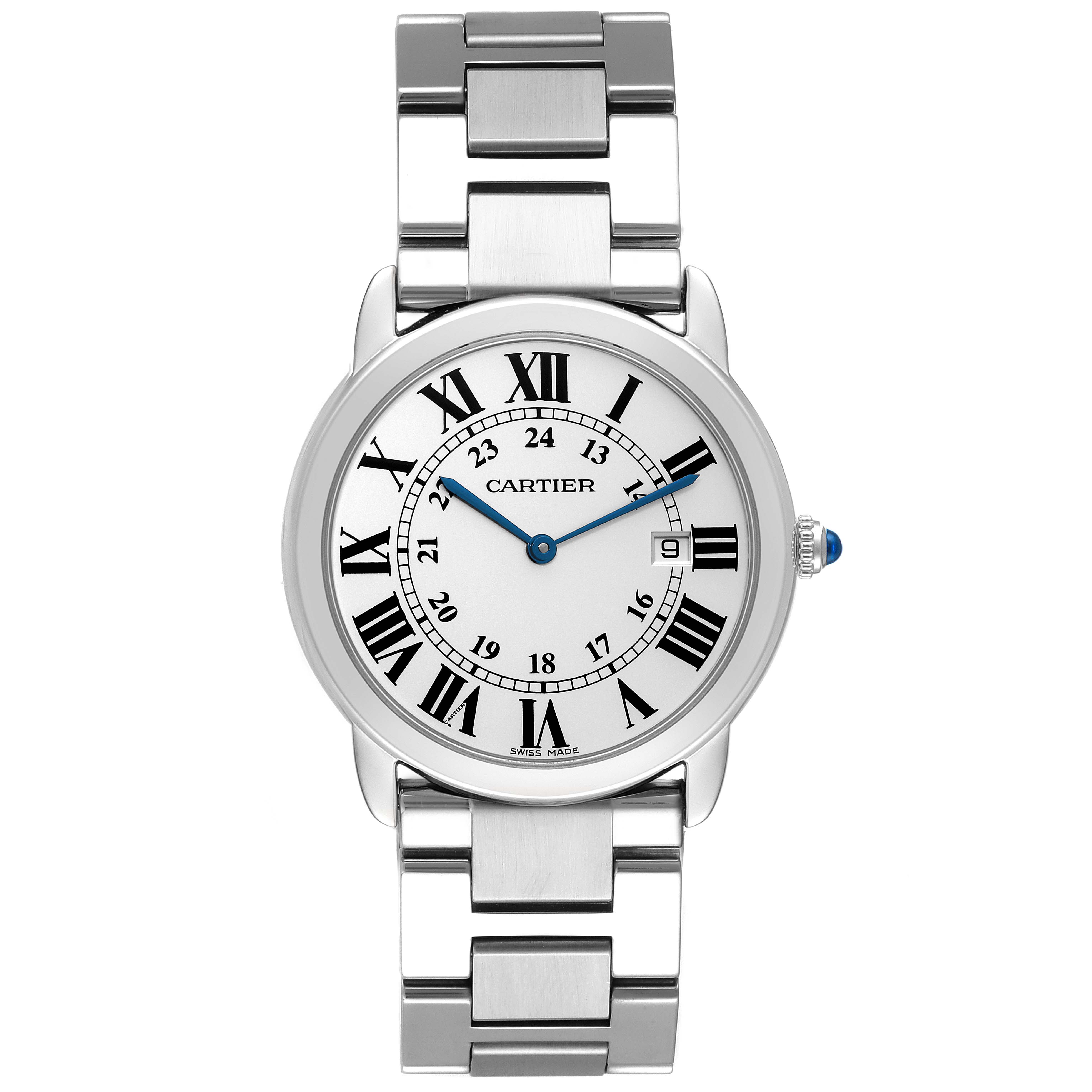 This image shows a front view of the Cartier Ronde W6701005 Men
s Stainless Steel Silver Dial W6701005 Men
s Stainless Steel Silver Dial model watch displaying its dial, bracelet, and crown.