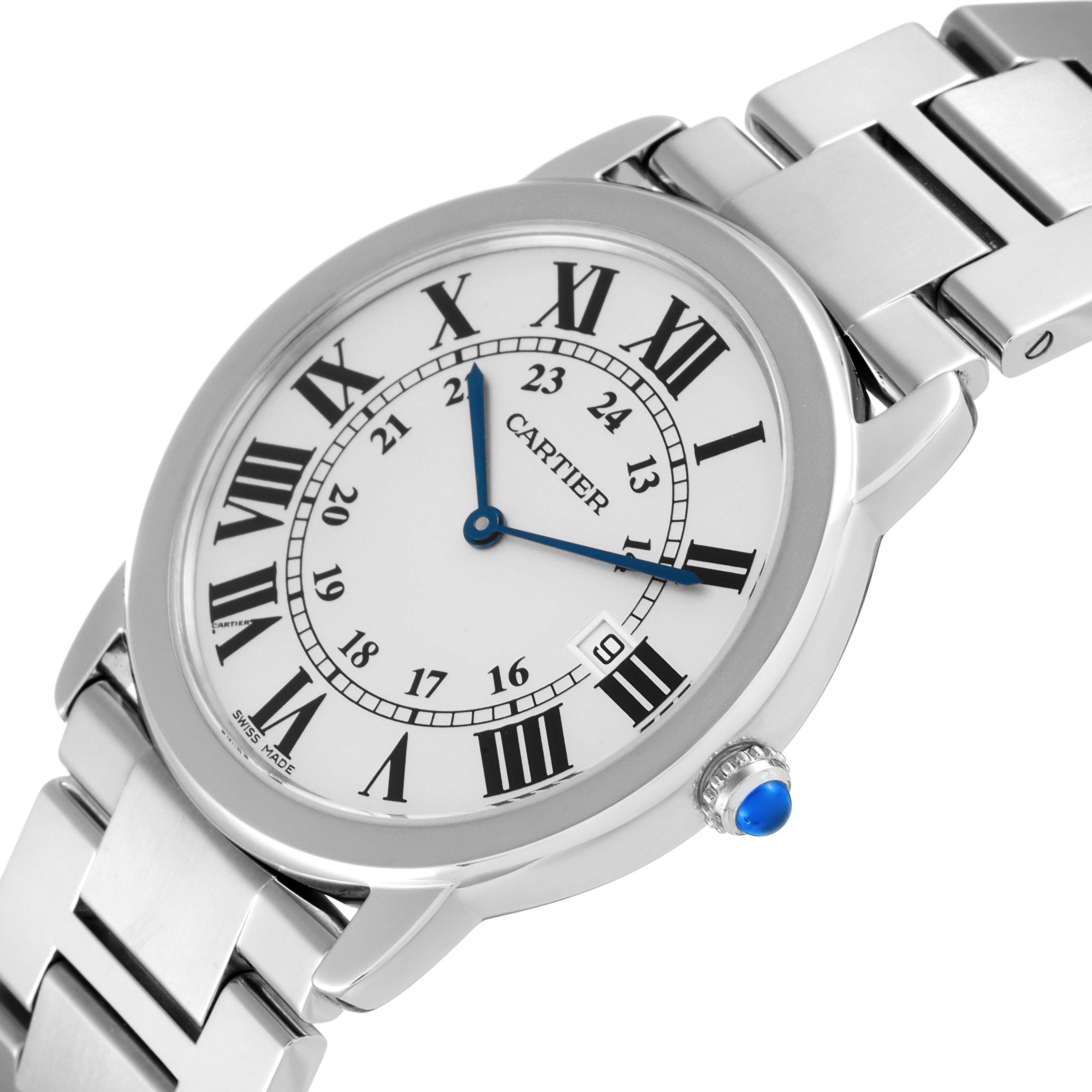 This is a close-up angled view of the Cartier Ronde W6701005 Men
s Stainless Steel Silver Dial W6701005 Men
s Stainless Steel Silver Dial model watch, showcasing its face, bracelet, and crown.