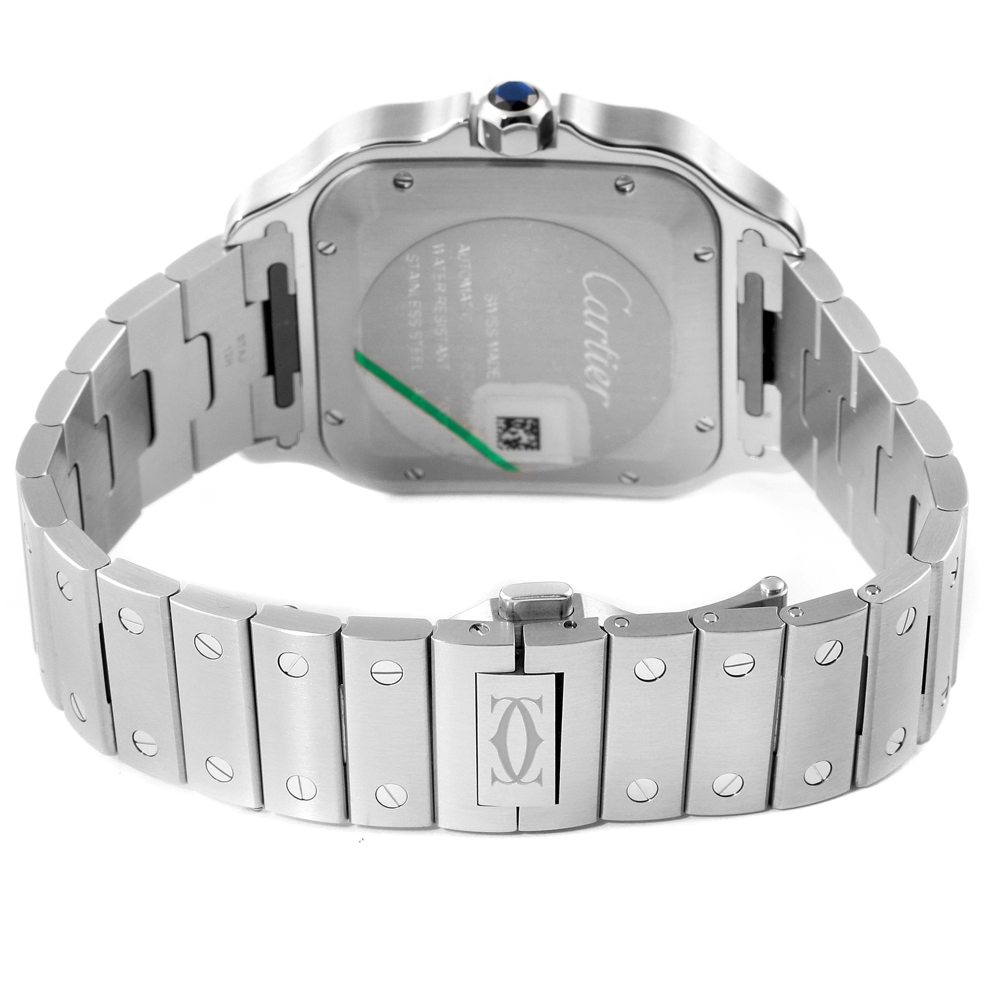 This image shows the back and bracelet of a Santos model watch by Cartier, highlighting the case back, crown, and clasp.