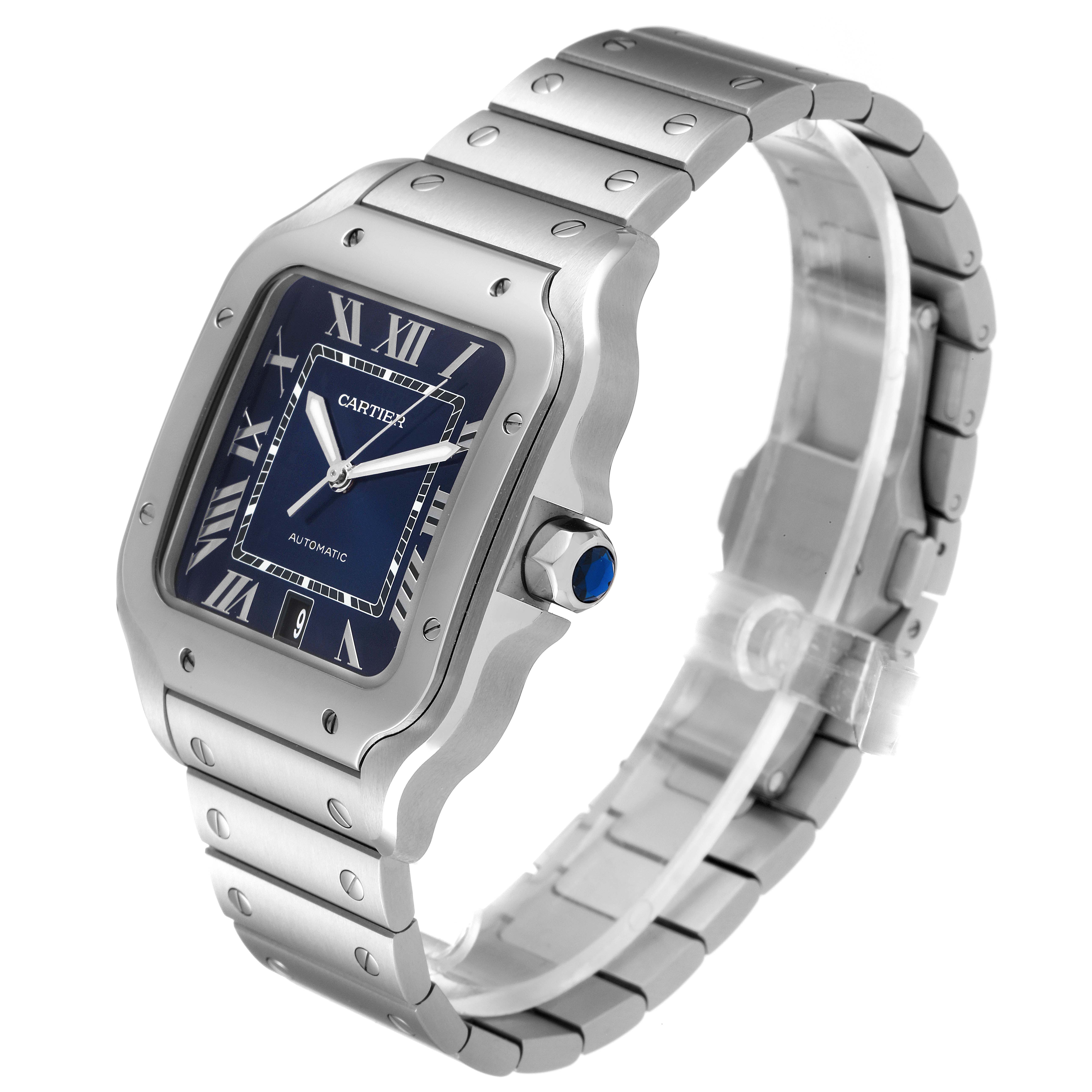 The image shows a Cartier Santos WSSA0030 Men
s Stainless Steel Blue Dial WSSA0030 Men
s Stainless Steel Blue Dial watch at a three-quarter angle highlighting the dial, bezel, and bracelet.