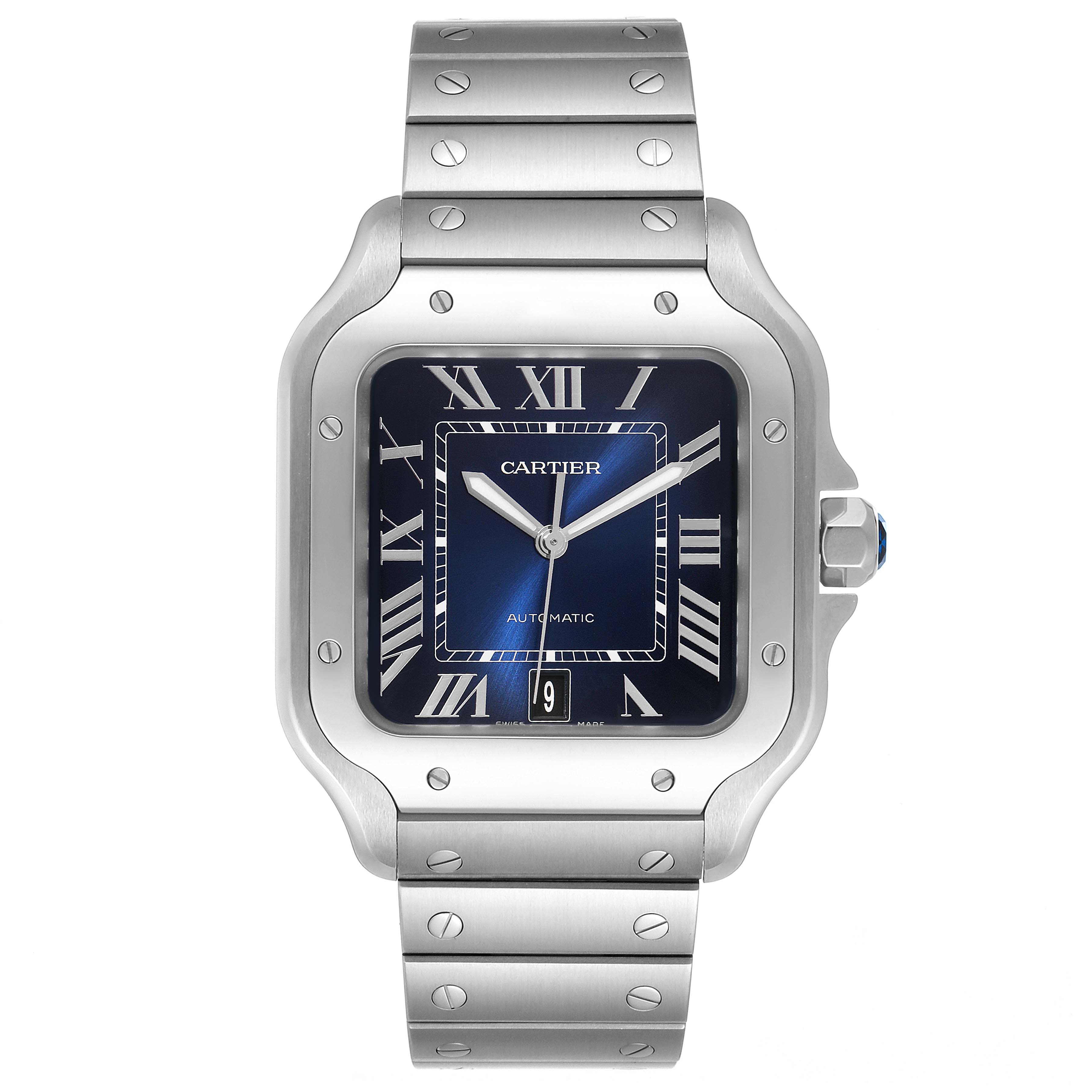 The Cartier Santos WSSA0030 Men
s Stainless Steel Blue Dial WSSA0030 Men
s Stainless Steel Blue Dial model watch is shown from a front angle, displaying the face, bezel, and part of the metal bracelet.