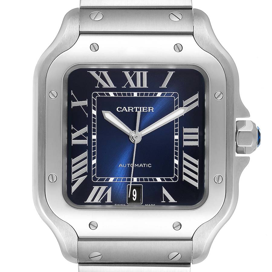 Cartier Santos Blue Dial Stainless Steel Mens Watch WSSA0030 Unworn SwissWatchExpo