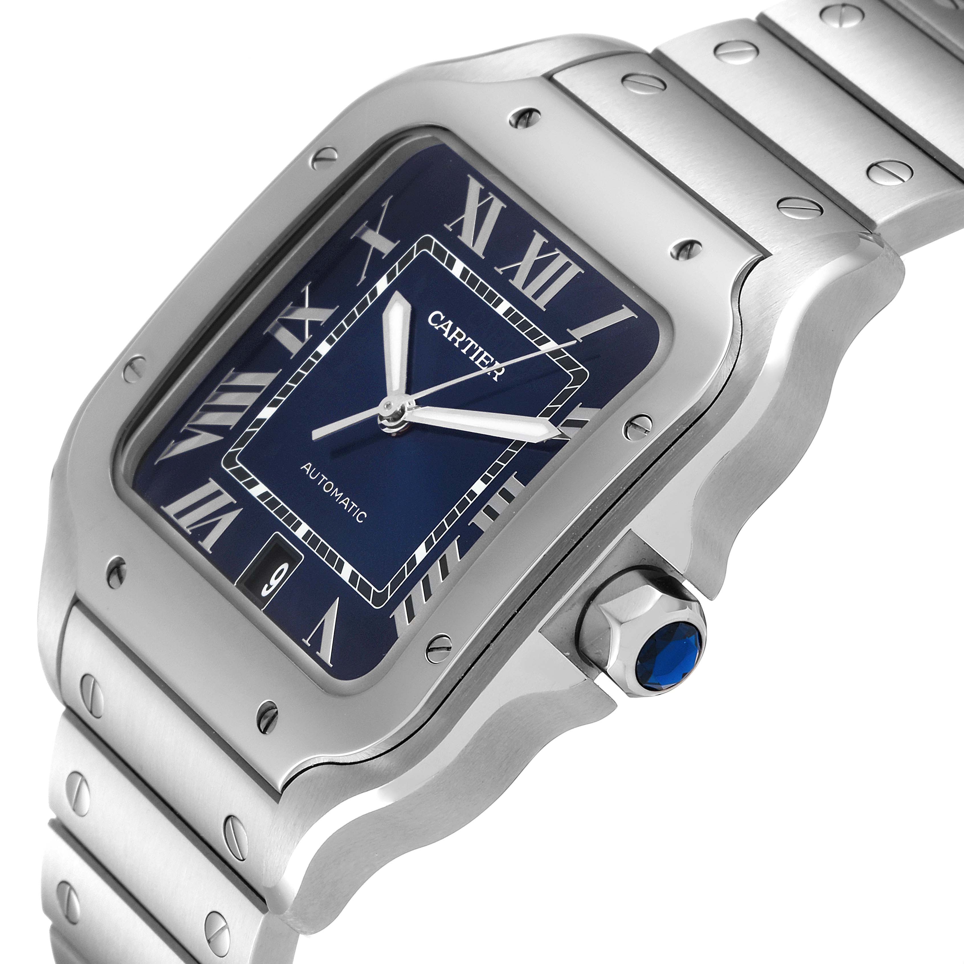 This image shows a close-up of the Cartier Santos WSSA0030 Men
s Stainless Steel Blue Dial WSSA0030 Men
s Stainless Steel Blue Dial watch, highlighting its face, bezel, and part of the bracelet at an angle.
