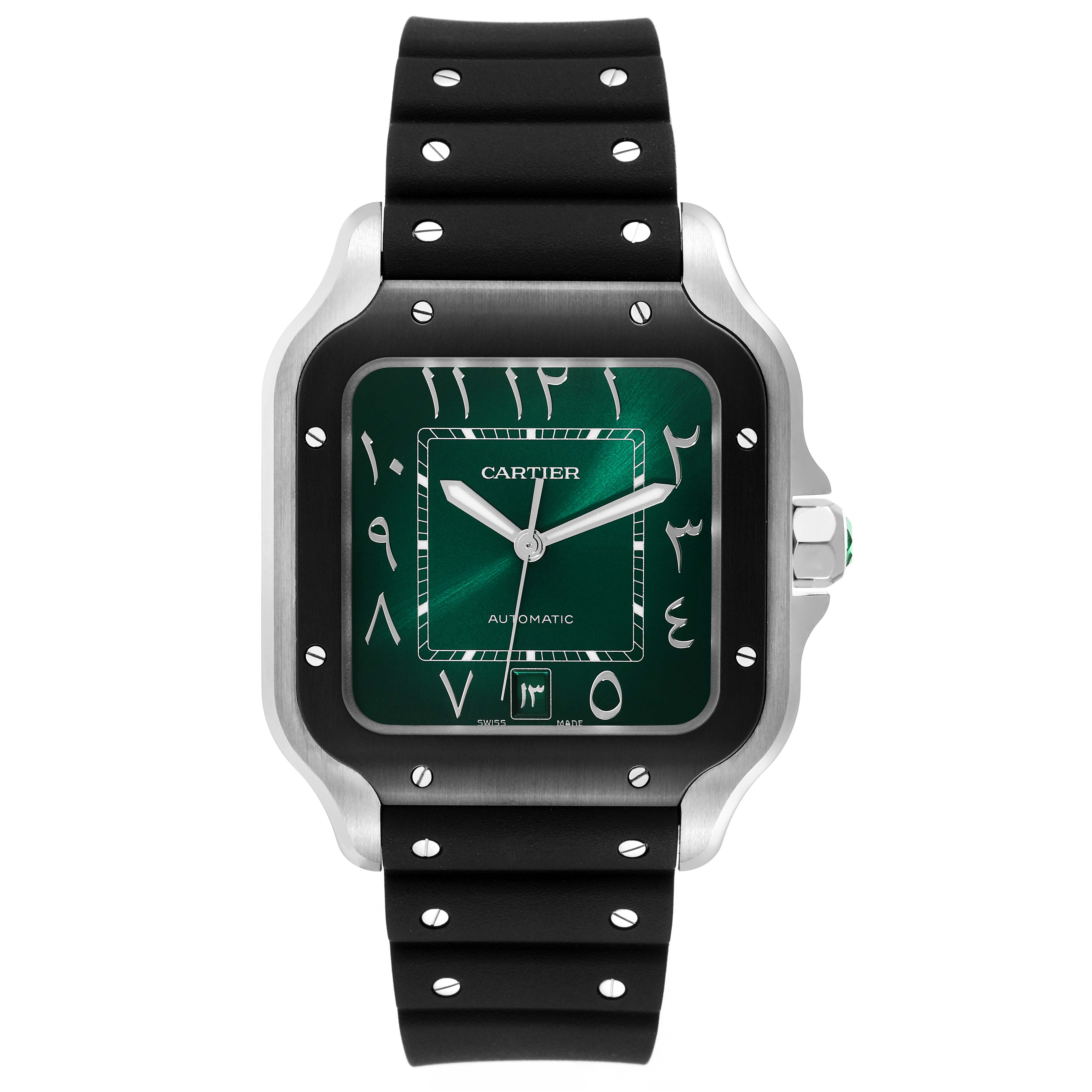 The image shows a front view of a Cartier Santos WSSA0055 Men's Stainless Steel Green Dial WSSA0055 Men's Stainless Steel Green Dial watch, highlighting its green dial, hour and minute hands, rectangular case, and rubber strap.