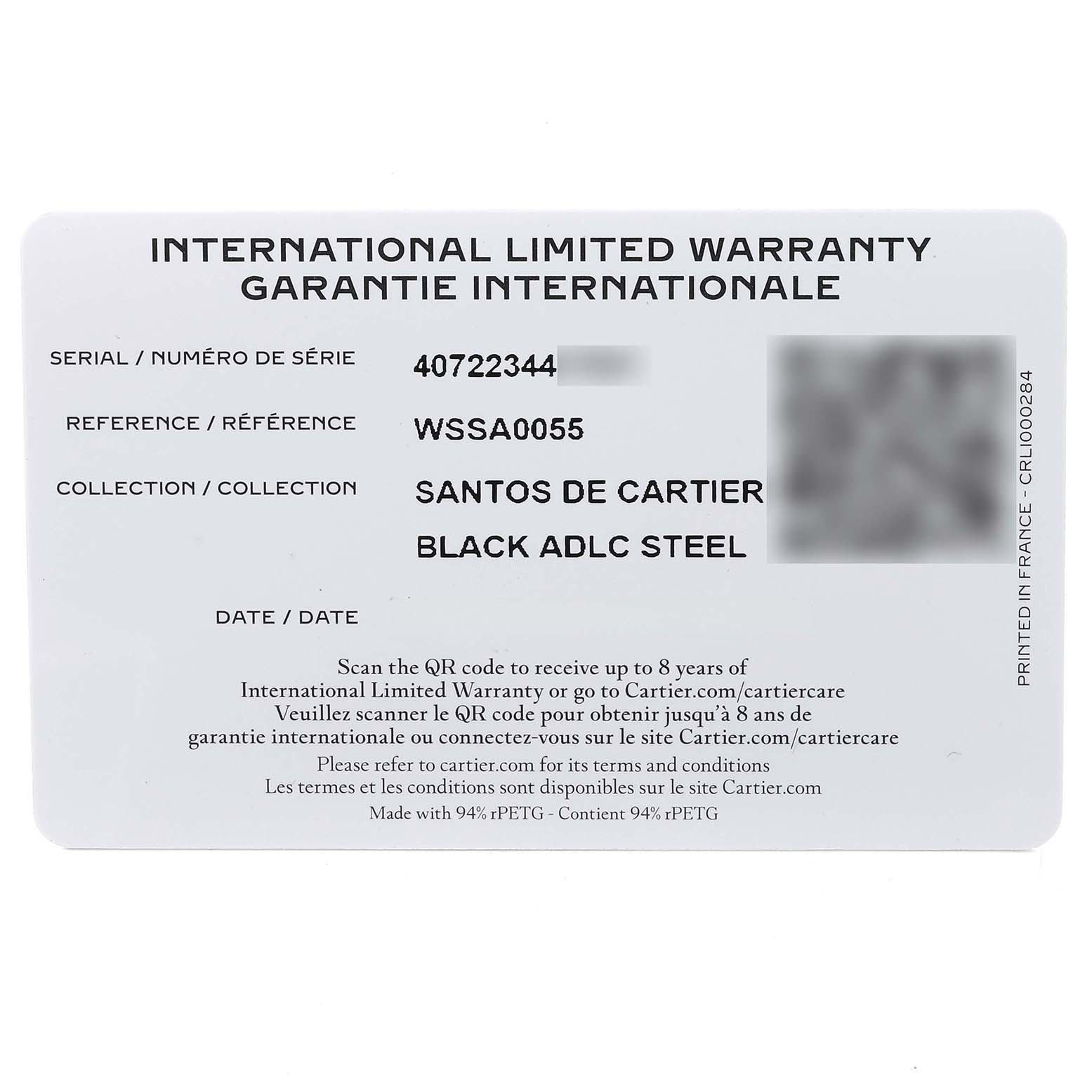 The image shows the International Limited Warranty card for the Santos de Cartier watch model.