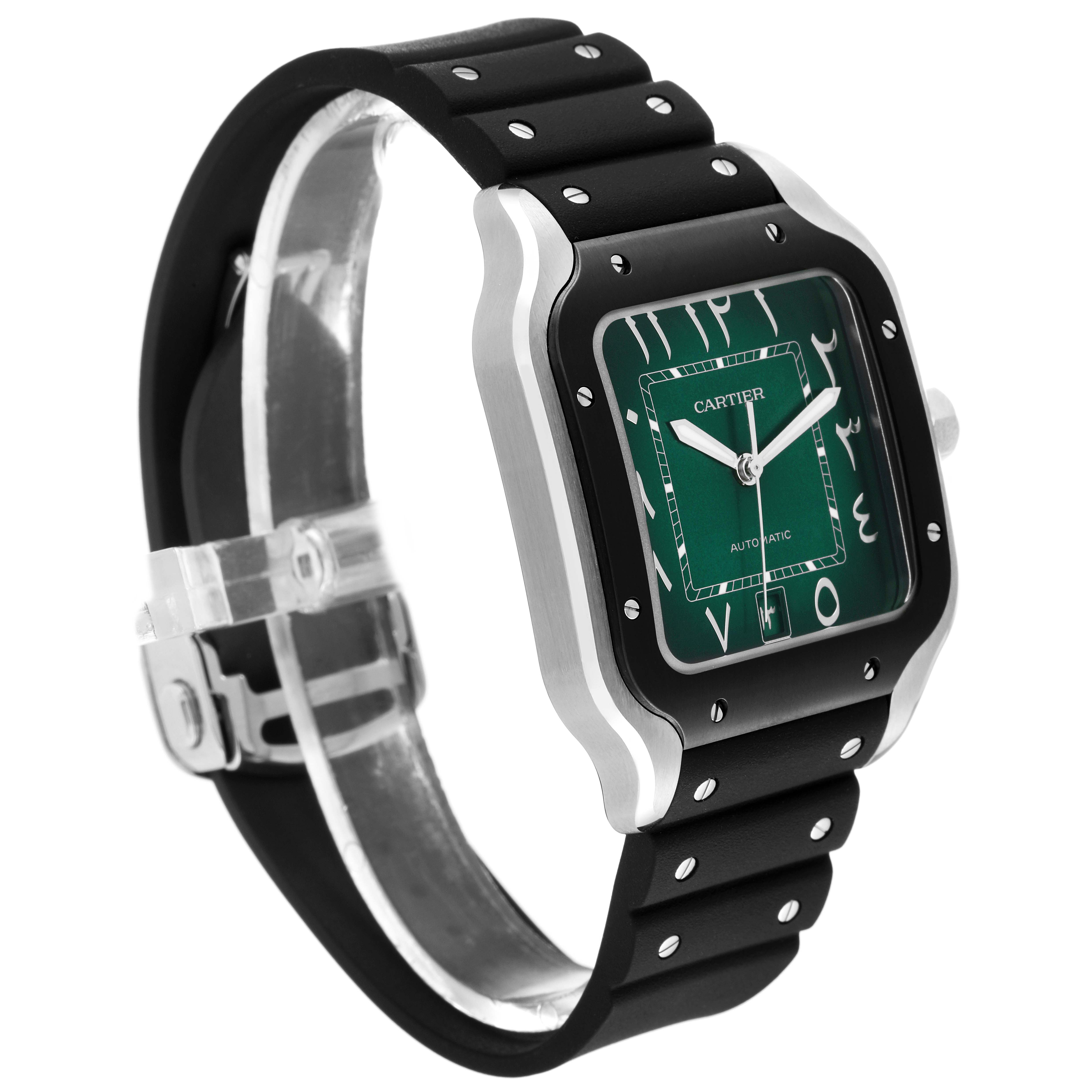 The image shows a Cartier Santos WSSA0055 Men's Stainless Steel Green Dial WSSA0055 Men's Stainless Steel Green Dial model watch at an angle highlighting its face, bezel, strap, and clasp.