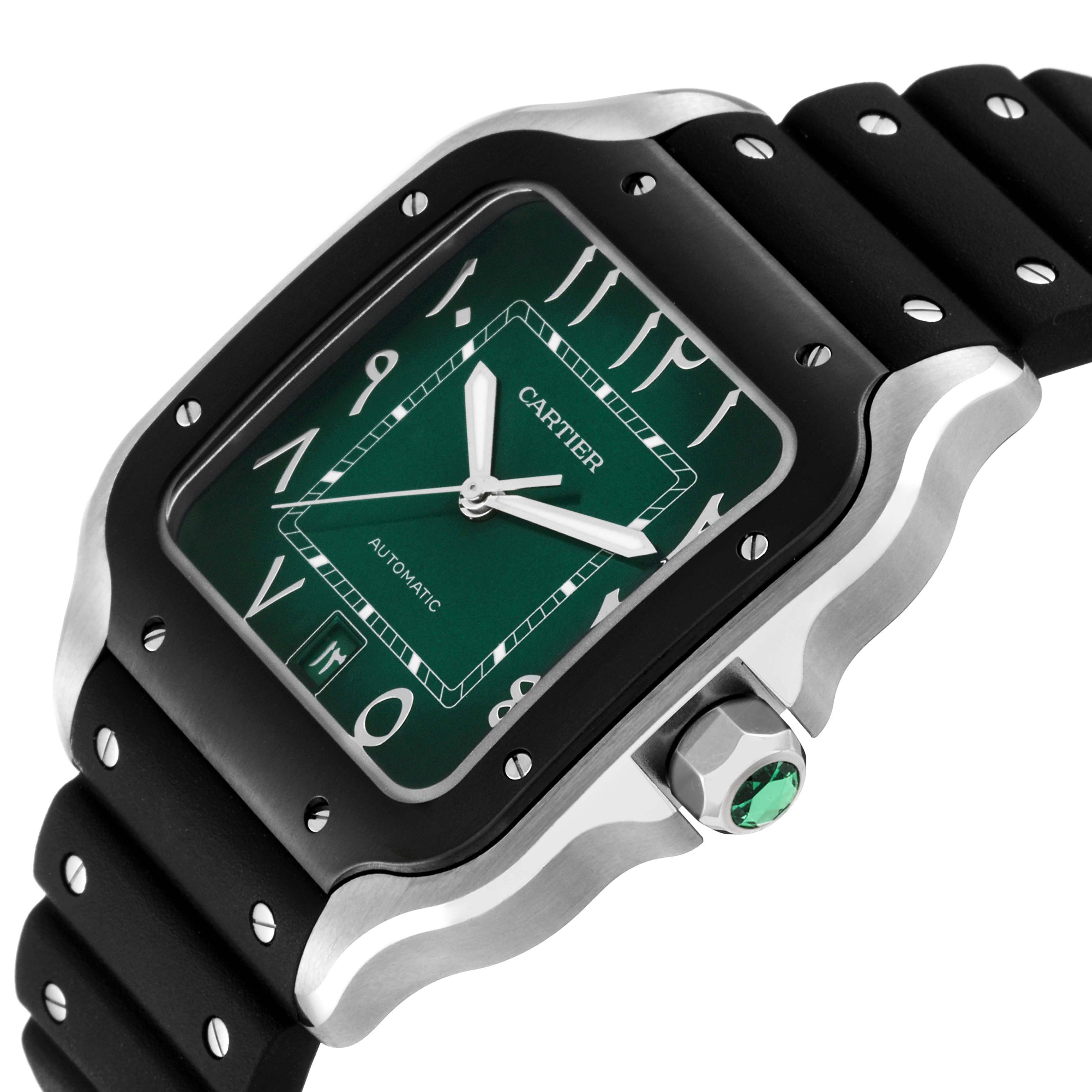 This image shows a Cartier Santos WSSA0055 Men's Stainless Steel Green Dial WSSA0055 Men's Stainless Steel Green Dial watch with a green dial, crown, and black rubber strap from an angled side view.