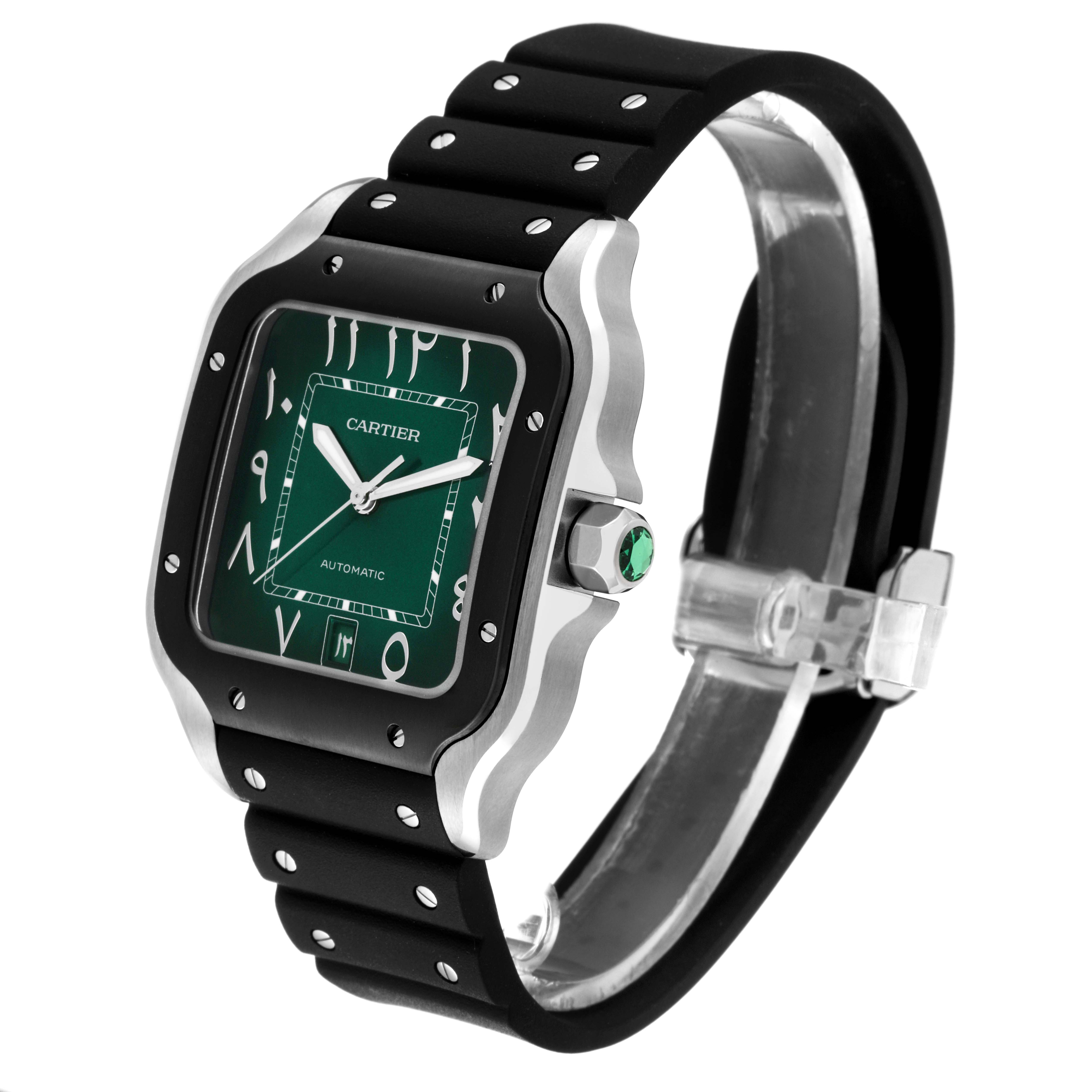 The Cartier Santos WSSA0055 Men's Stainless Steel Green Dial WSSA0055 Men's Stainless Steel Green Dial watch is shown at a three-quarter angle featuring its green dial, stainless steel case, and black rubber strap.