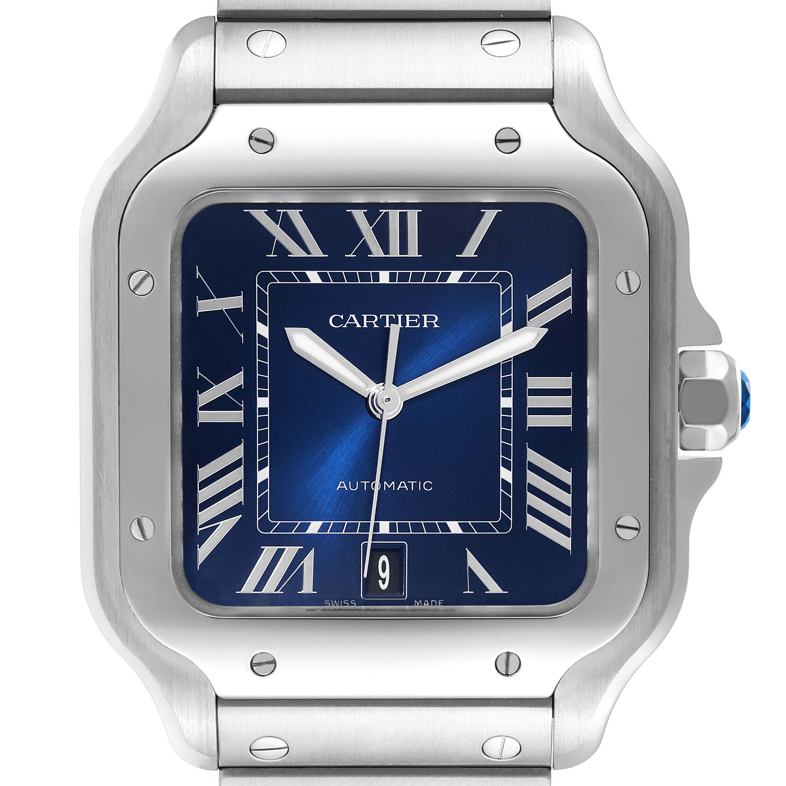 This image shows a close-up of the face and bezel of a Cartier Santos WSSA0030 Men's Stainless Steel Blue Dial WSSA0030 Men's Stainless Steel Blue Dial watch, highlighting the dial, hands, and date window.