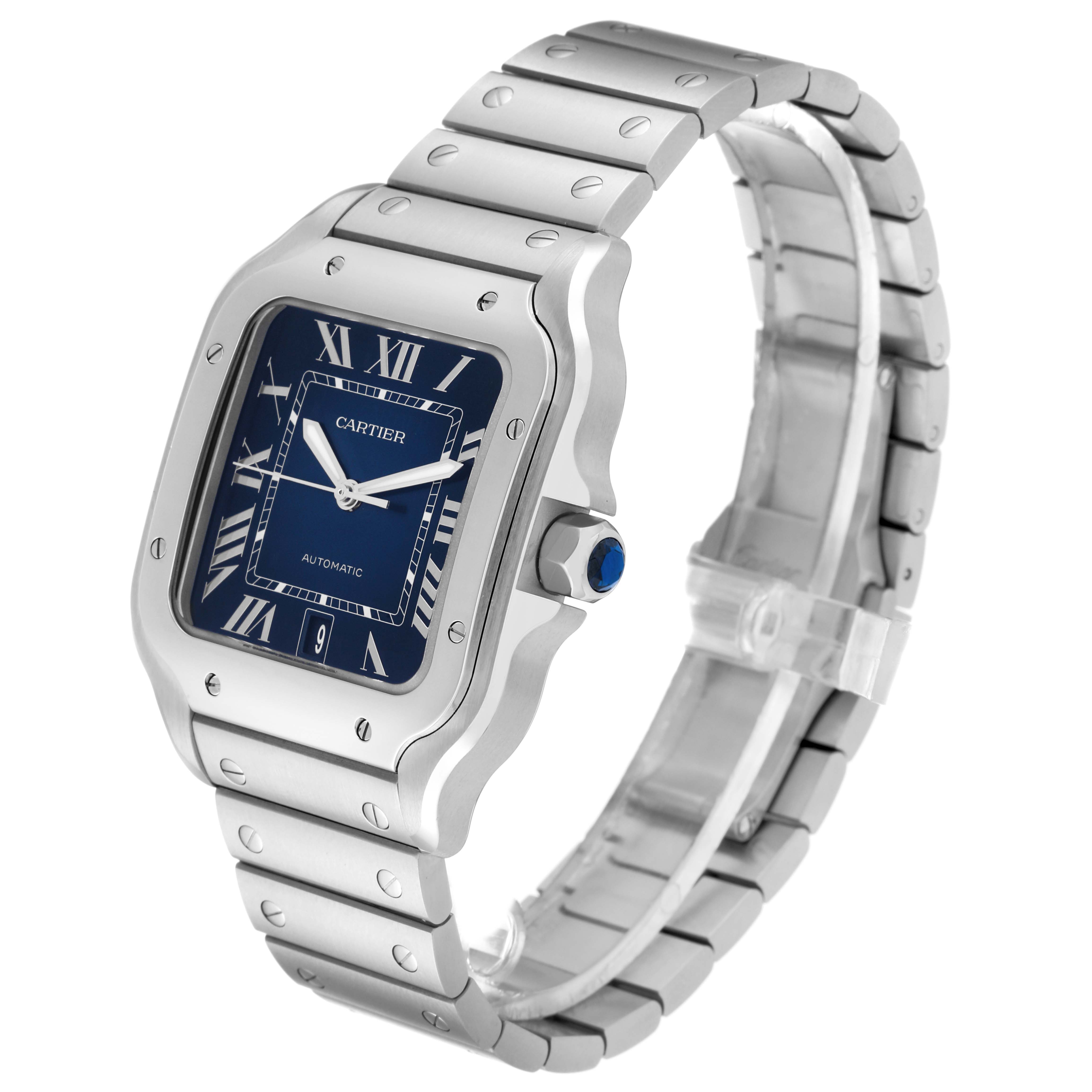 This image shows a Santos model by Cartier, angled to display its face, crown, and bracelet.