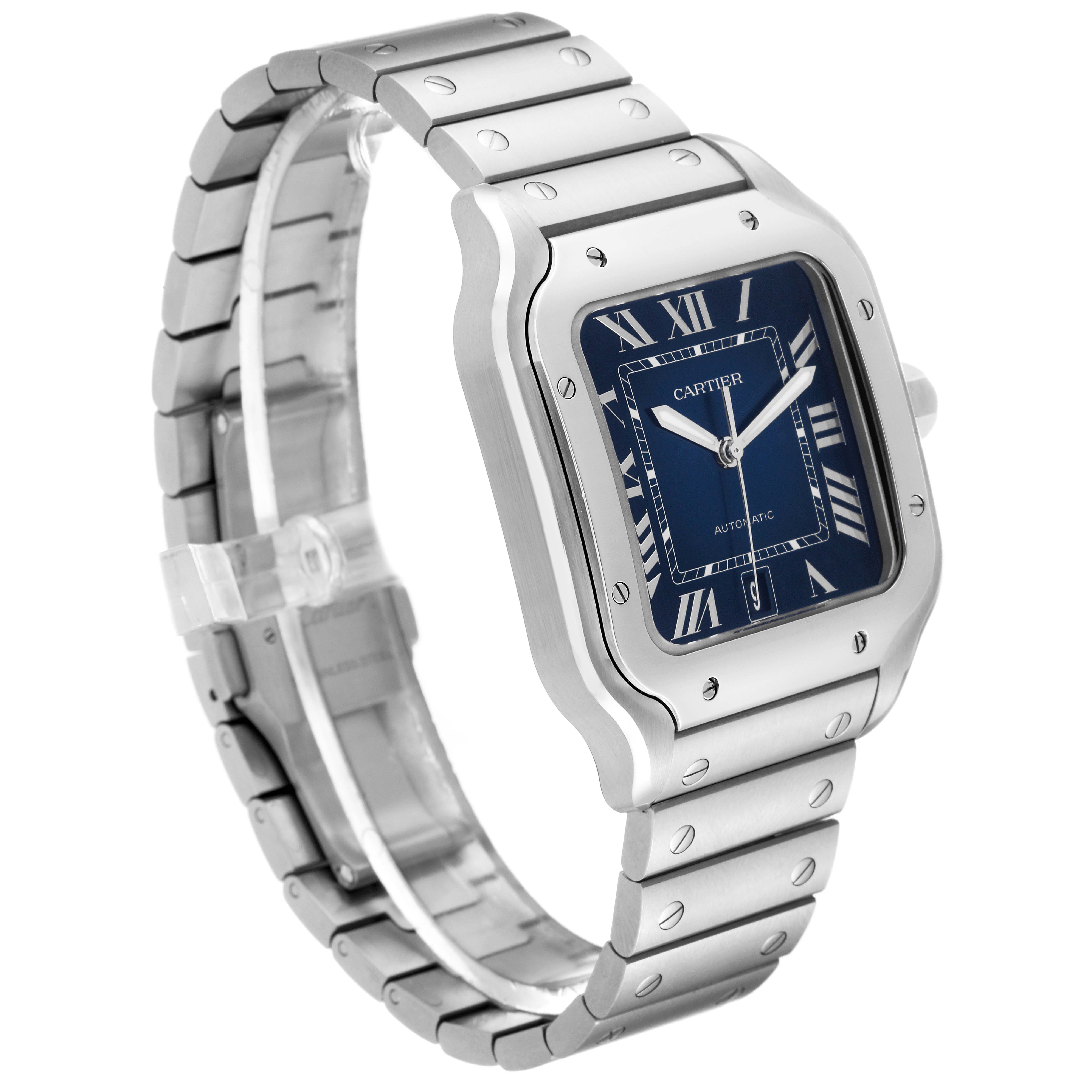 The Cartier Santos WSSA0030 Men's Stainless Steel Blue Dial WSSA0030 Men's Stainless Steel Blue Dial watch is shown at an angle displaying the face, case, and bracelet.
