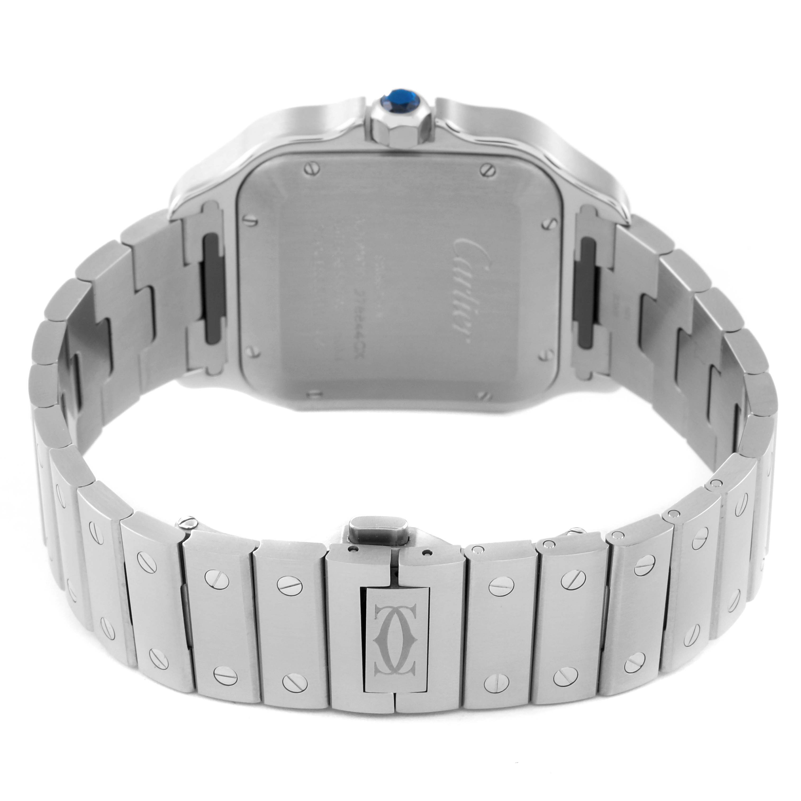 This image shows the back case and bracelet of a Cartier Santos WSSA0030 Men's Stainless Steel Blue Dial WSSA0030 Men's Stainless Steel Blue Dial model watch viewed from behind.