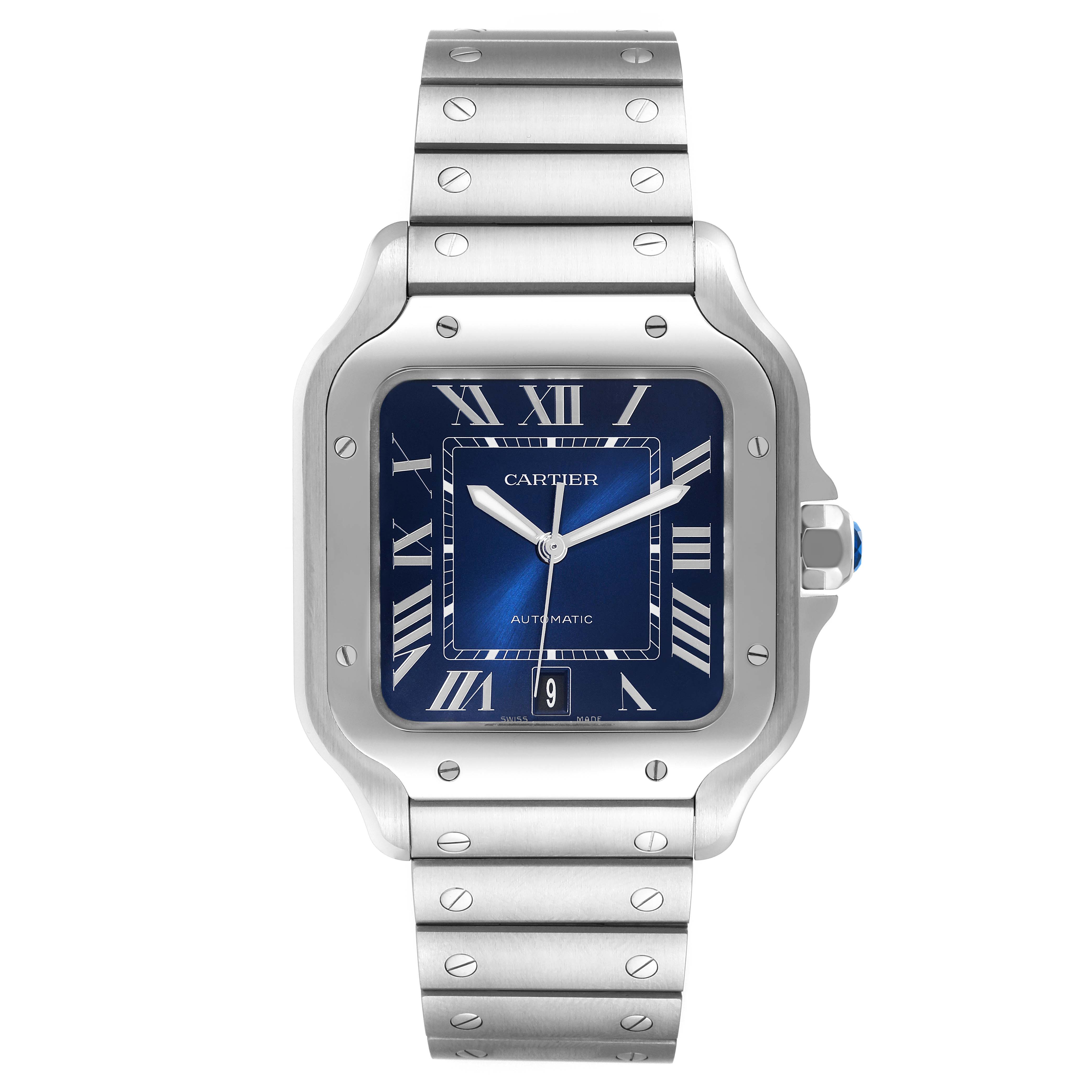 This image shows a front view of a Cartier Santos WSSA0030 Men's Stainless Steel Blue Dial WSSA0030 Men's Stainless Steel Blue Dial watch with a blue dial, roman numerals, and a metal bracelet.
