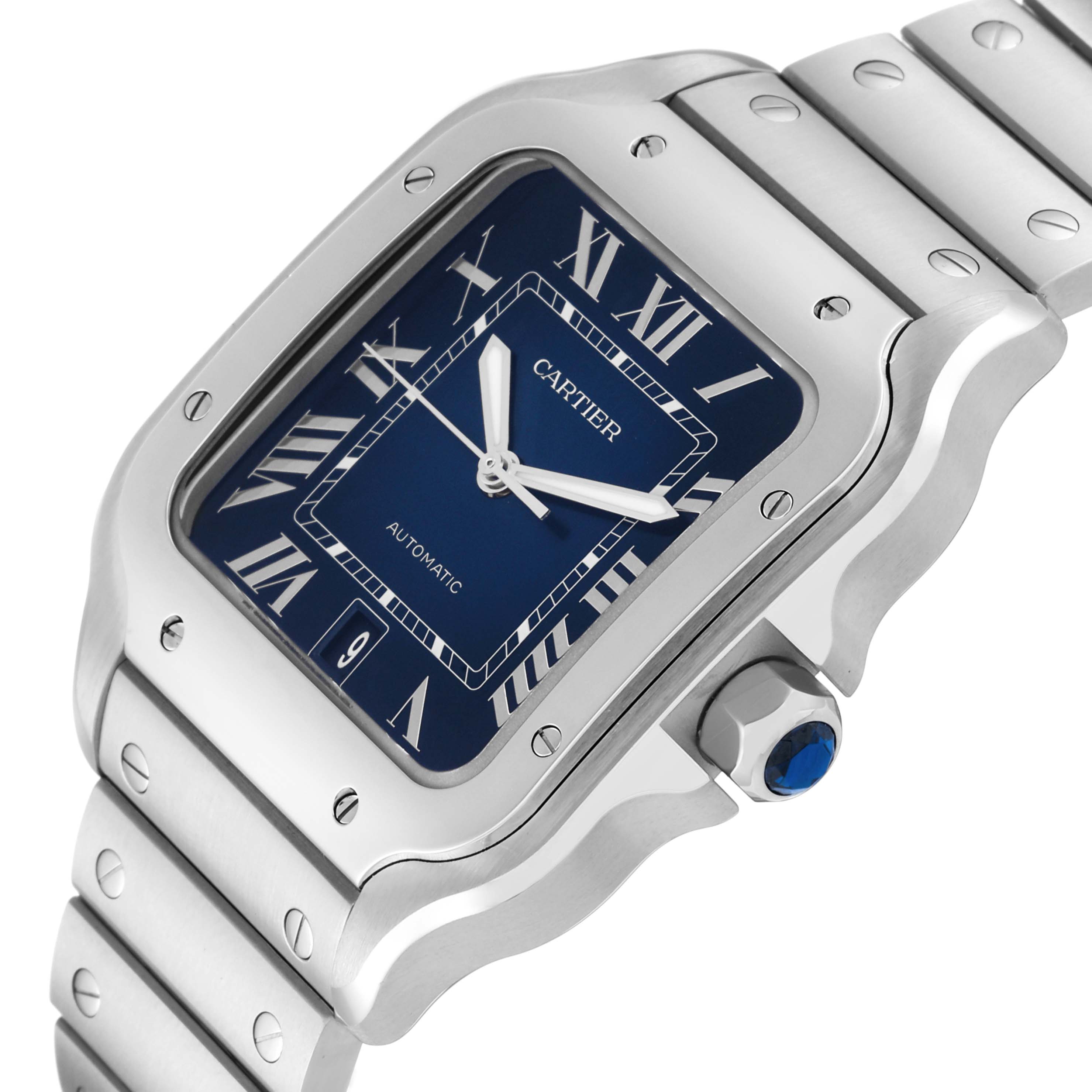 The image shows a close-up angle of the Cartier Santos WSSA0030 Men's Stainless Steel Blue Dial WSSA0030 Men's Stainless Steel Blue Dial model, highlighting its blue dial, Roman numerals, and steel bracelet.
