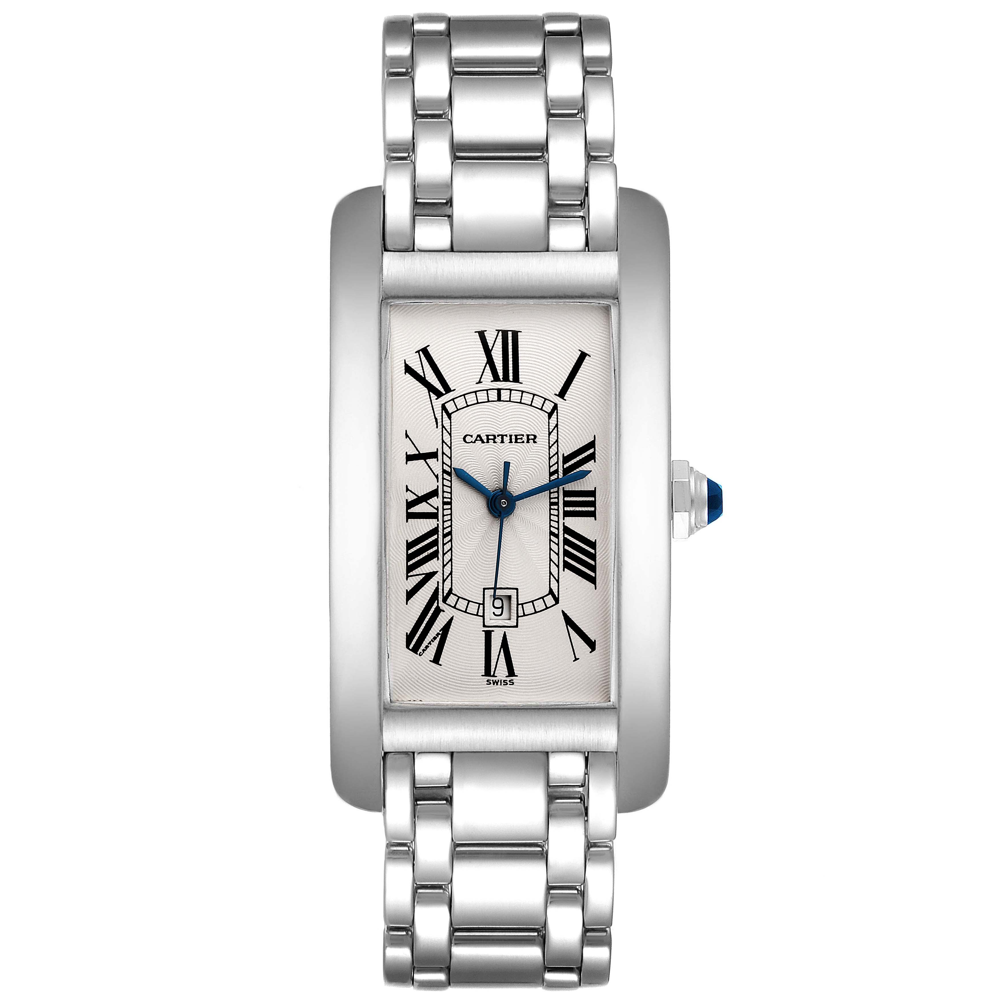 The image shows a frontal view of the Cartier Tank Americaine W26036L1 Women's White Gold Silver Dial W26036L1 Women's White Gold Silver Dial watch, showcasing its face and metal bracelet.