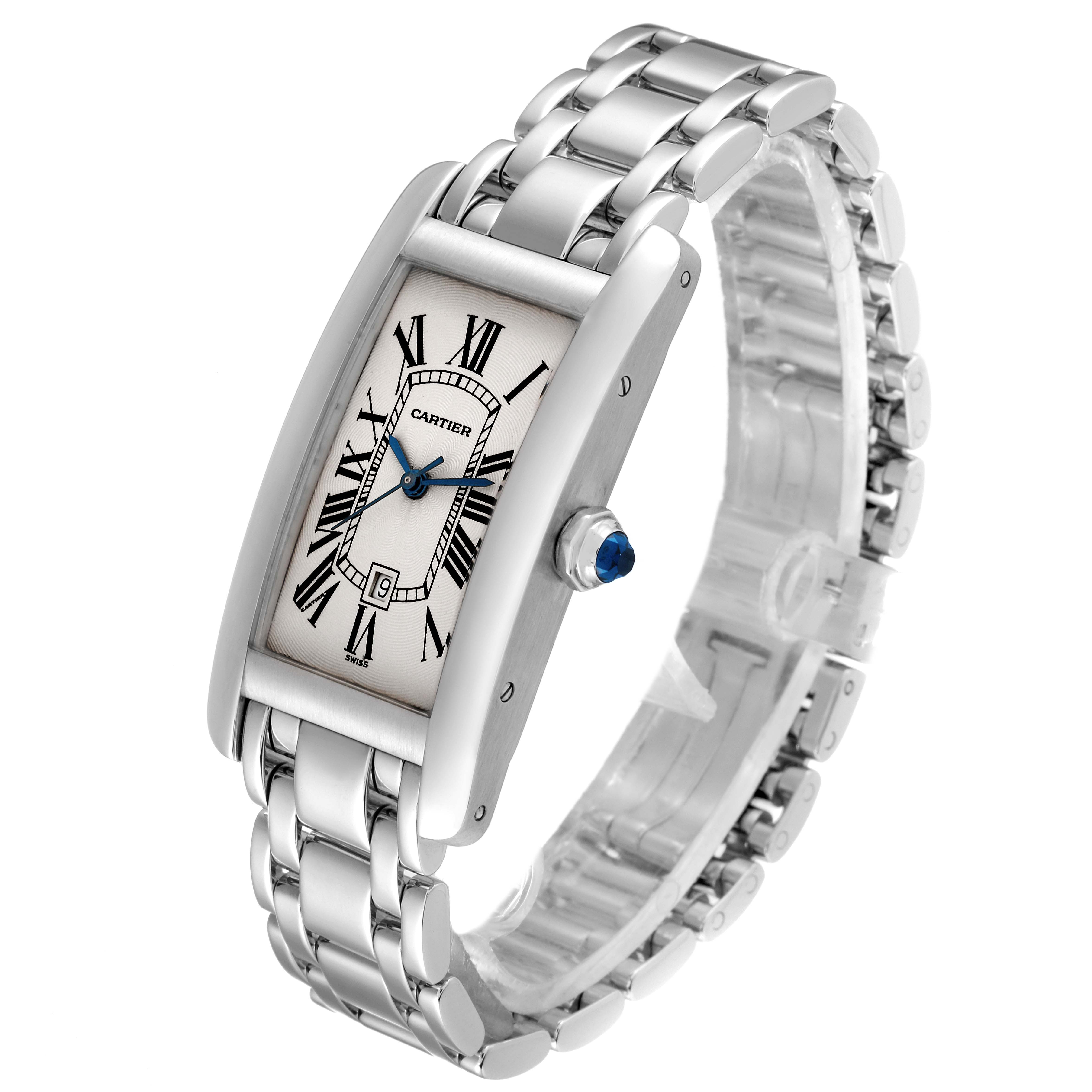 The image shows a Cartier Tank Américaine watch at a three-quarter angle, highlighting the face, bezel, bracelet, and crown.