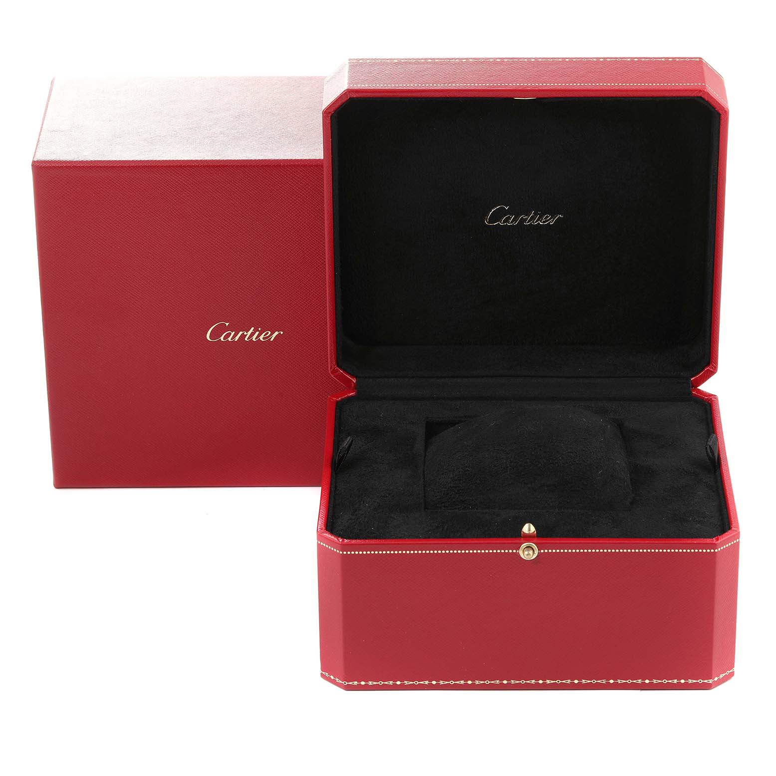 The image shows the open red box of a Cartier Tank Américaine watch, displaying the Cartier logo inside.