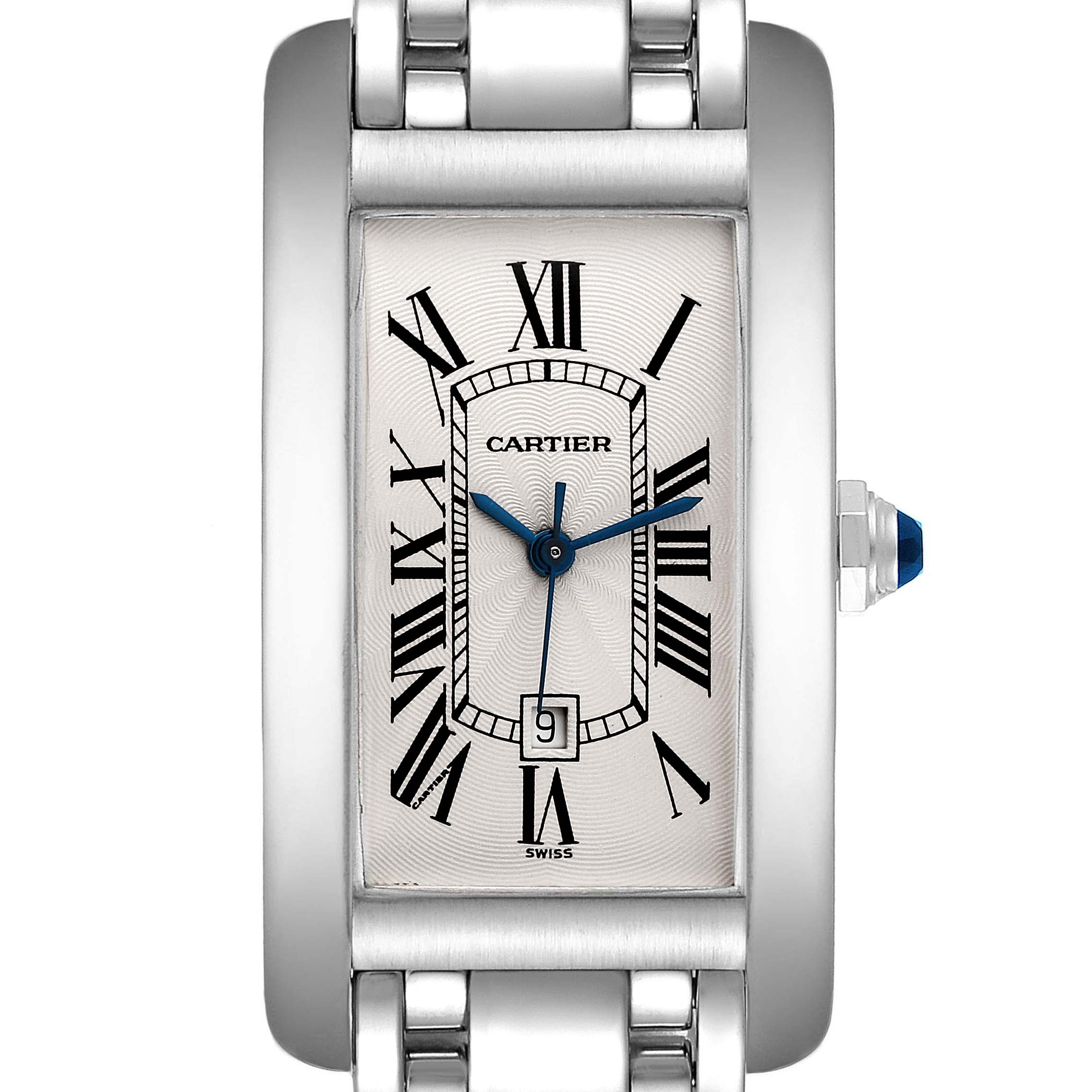 The image shows a top-down view of the Cartier Tank Americaine W26036L1 Women's White Gold Silver Dial W26036L1 Women's White Gold Silver Dial watch, highlighting its rectangular face, Roman numeral markers, and metal bracelet.