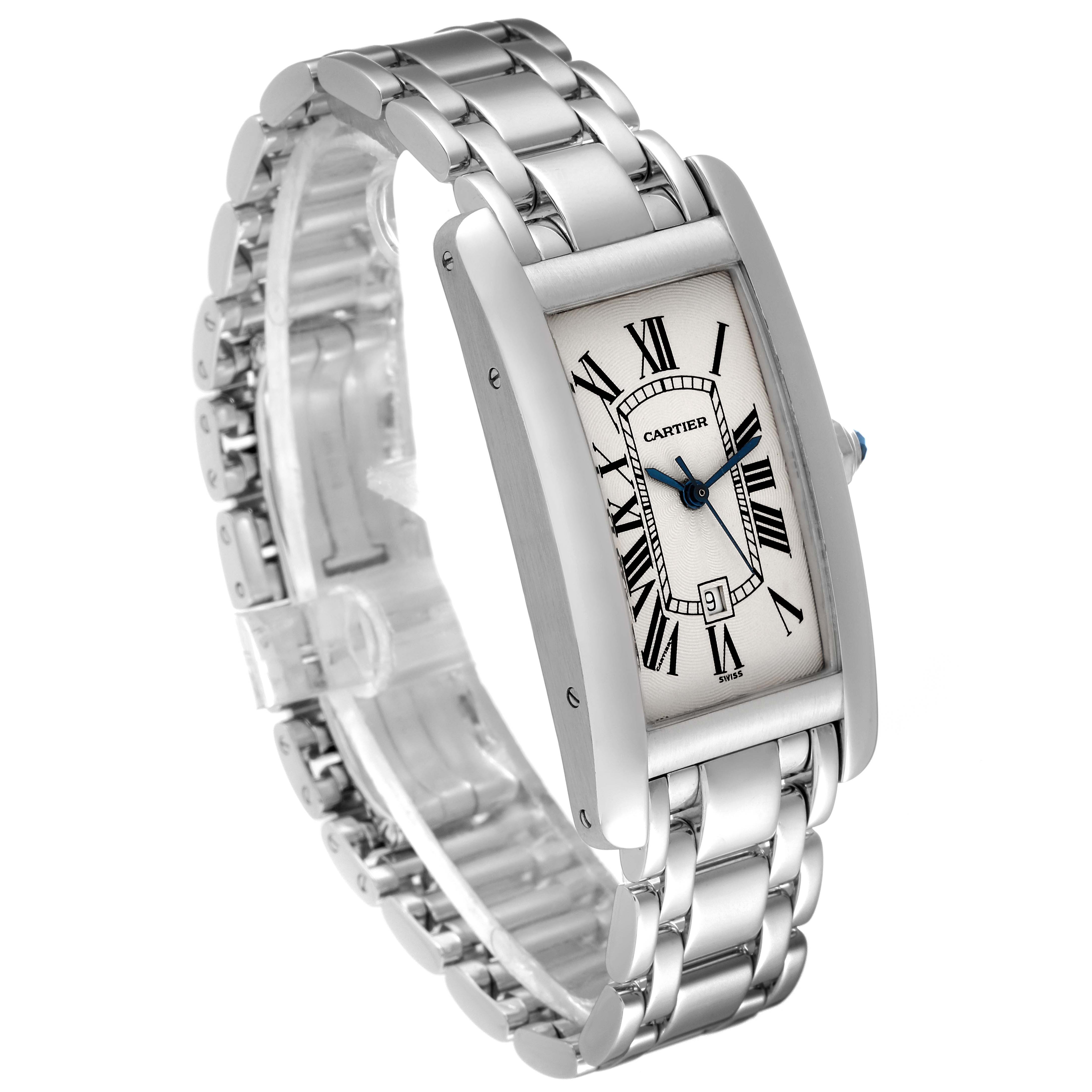 The image shows a Cartier Tank Americaine W26036L1 Women's White Gold Silver Dial W26036L1 Women's White Gold Silver Dial watch from a three-quarter angle, displaying the watch face, bezel, and metal bracelet.