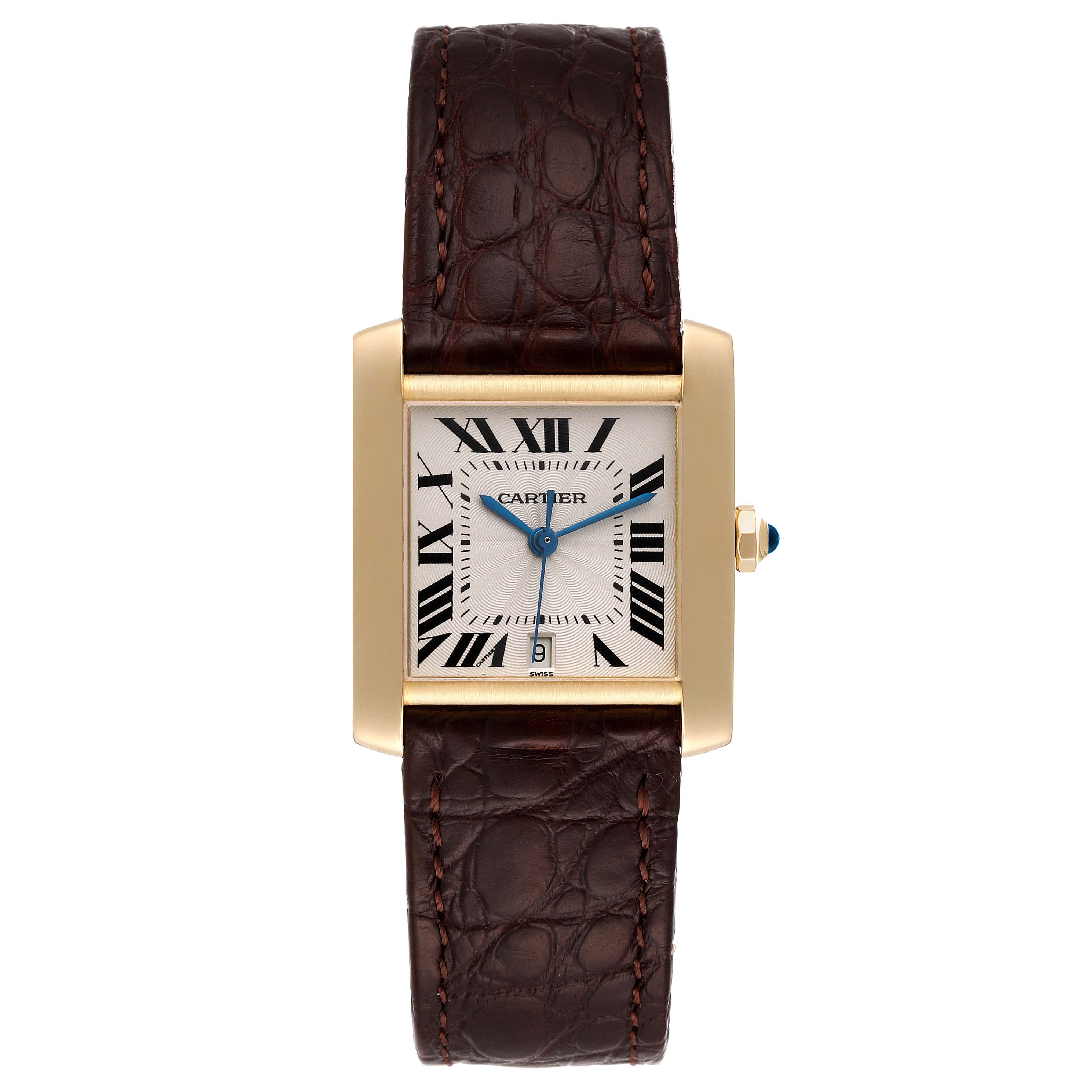 This image shows a front view of a Cartier Tank Francaise W5000156 Men's Yellow Gold Silver Dial W5000156 Men's Yellow Gold Silver Dial watch, highlighting its face, leather strap, and gold bezel.