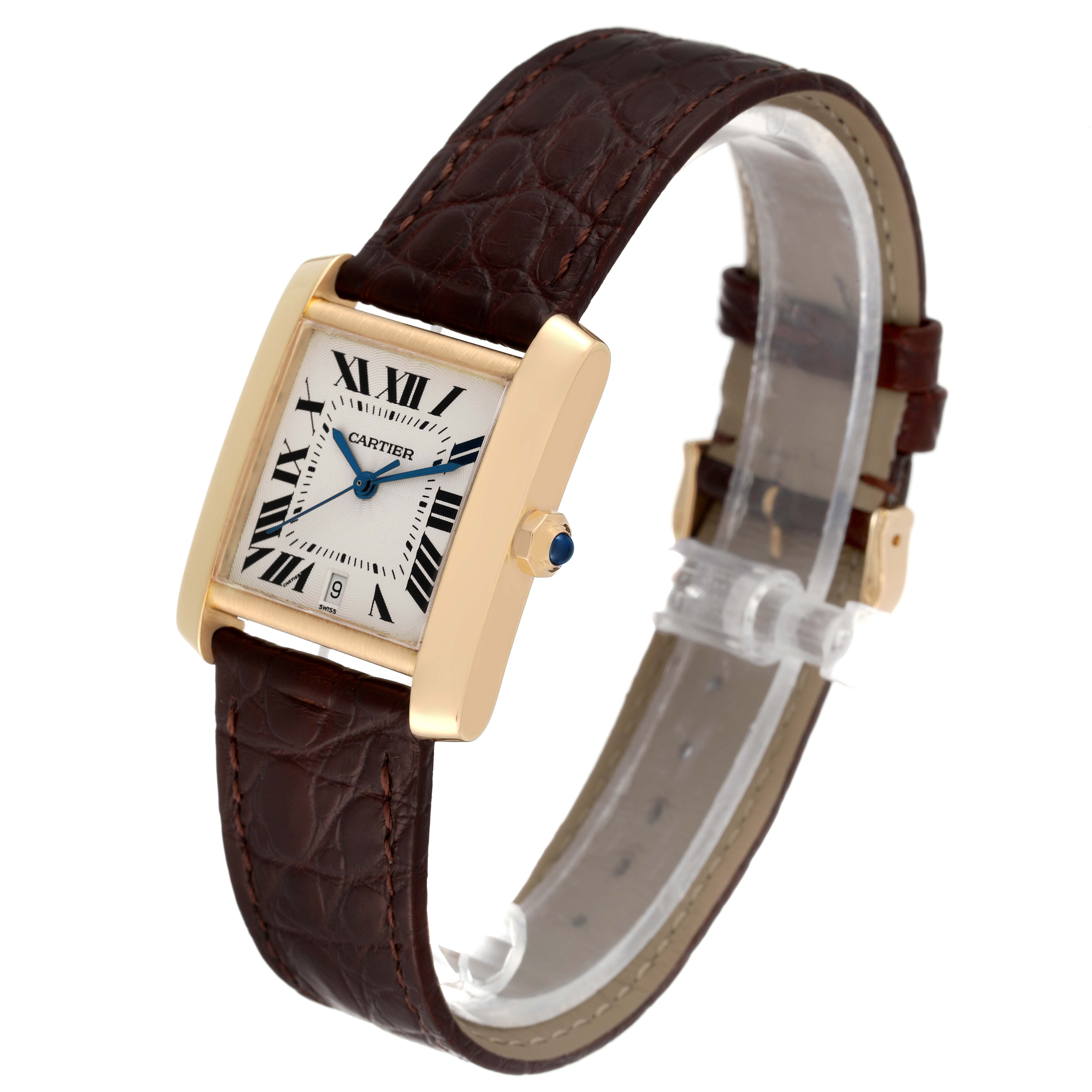The image shows a Cartier Tank Francaise W5000156 Men's Yellow Gold Silver Dial W5000156 Men's Yellow Gold Silver Dial watch at a three-quarter angle, displaying the face, straps, and crown.