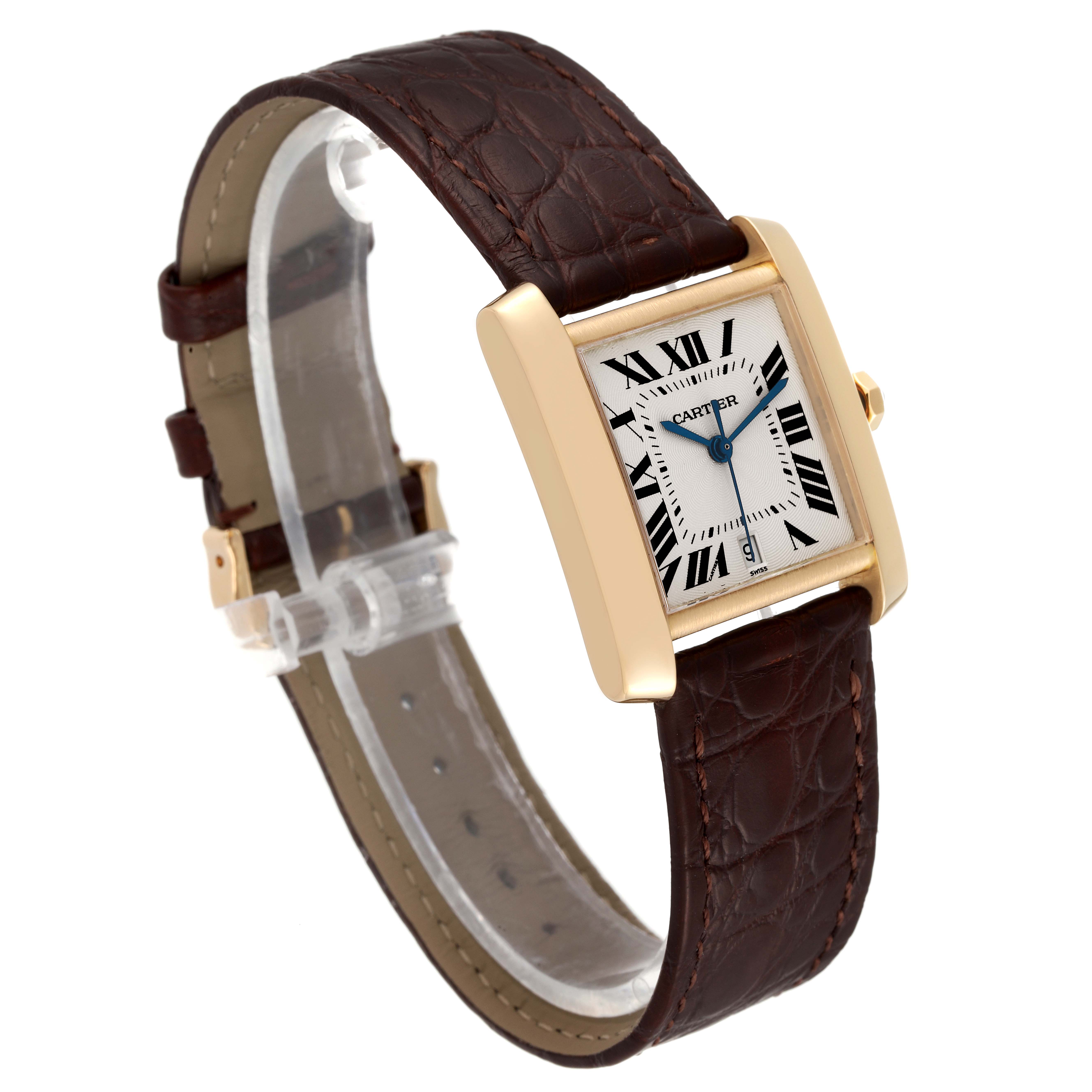 The Cartier Tank Francaise W5000156 Men's Yellow Gold Silver Dial W5000156 Men's Yellow Gold Silver Dial watch is shown at a slight angle, displaying the dial, case, crown, and leather strap.