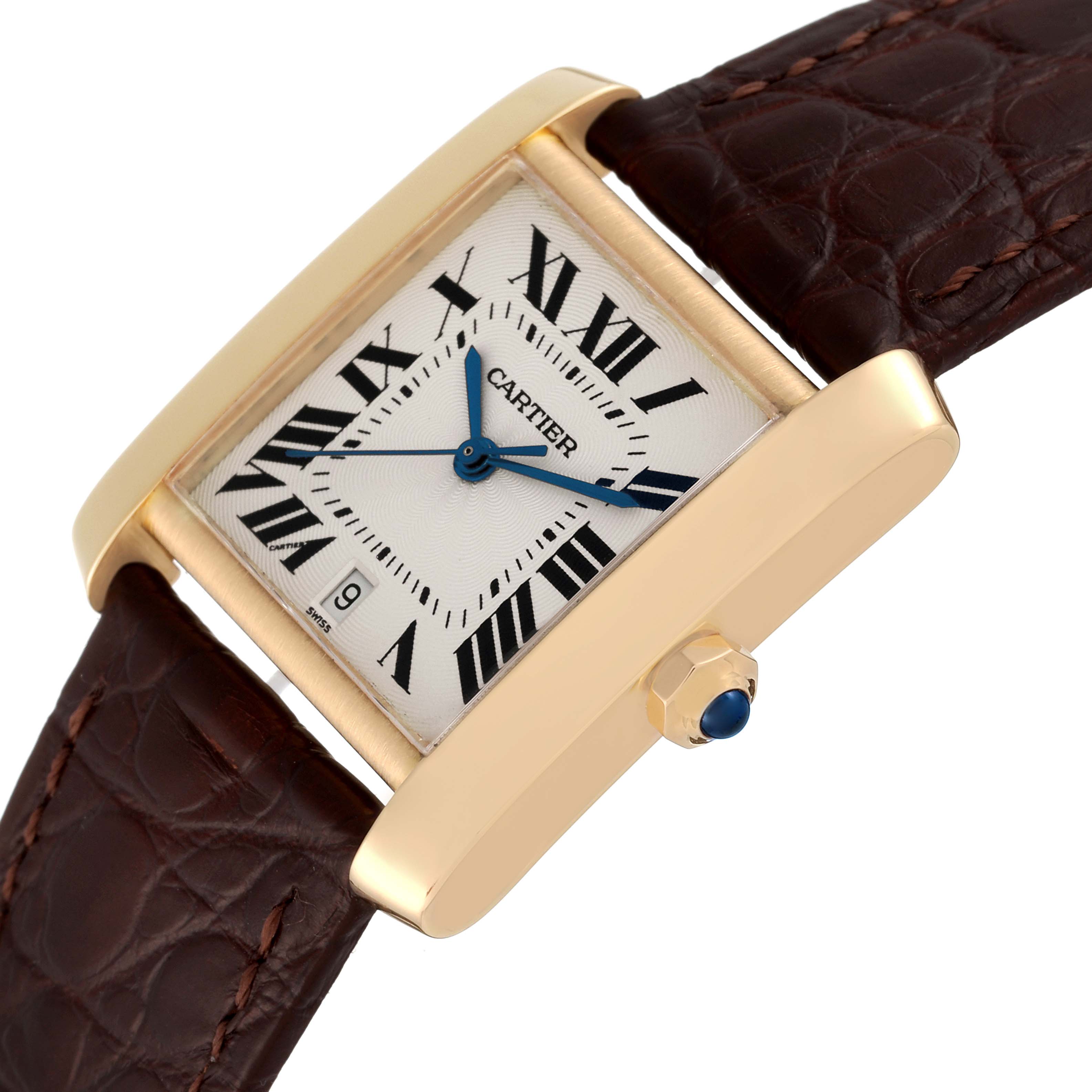 The Cartier Tank Francaise W5000156 Men's Yellow Gold Silver Dial W5000156 Men's Yellow Gold Silver Dial watch is shown at a slight angle, showcasing its rectangular face, gold case, and leather strap.