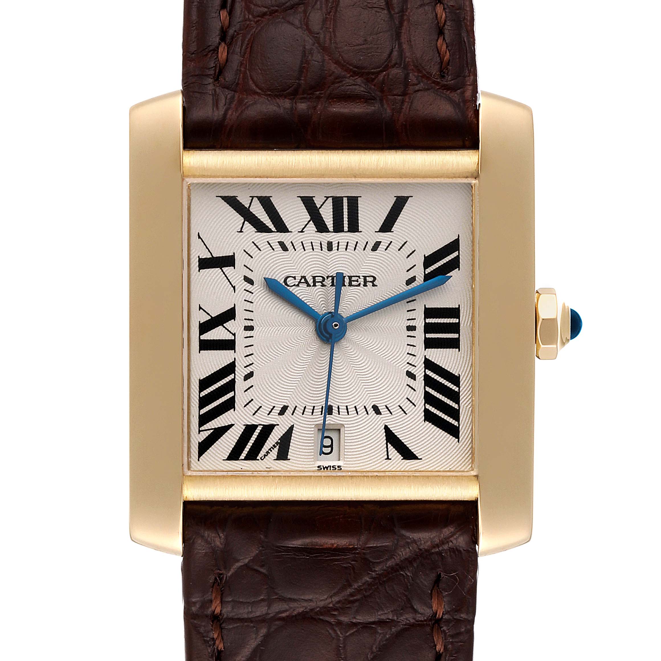This Cartier Tank Francaise W5000156 Men's Yellow Gold Silver Dial W5000156 Men's Yellow Gold Silver Dial watch is shown from the front, highlighting the dial, hands, and partial leather strap.