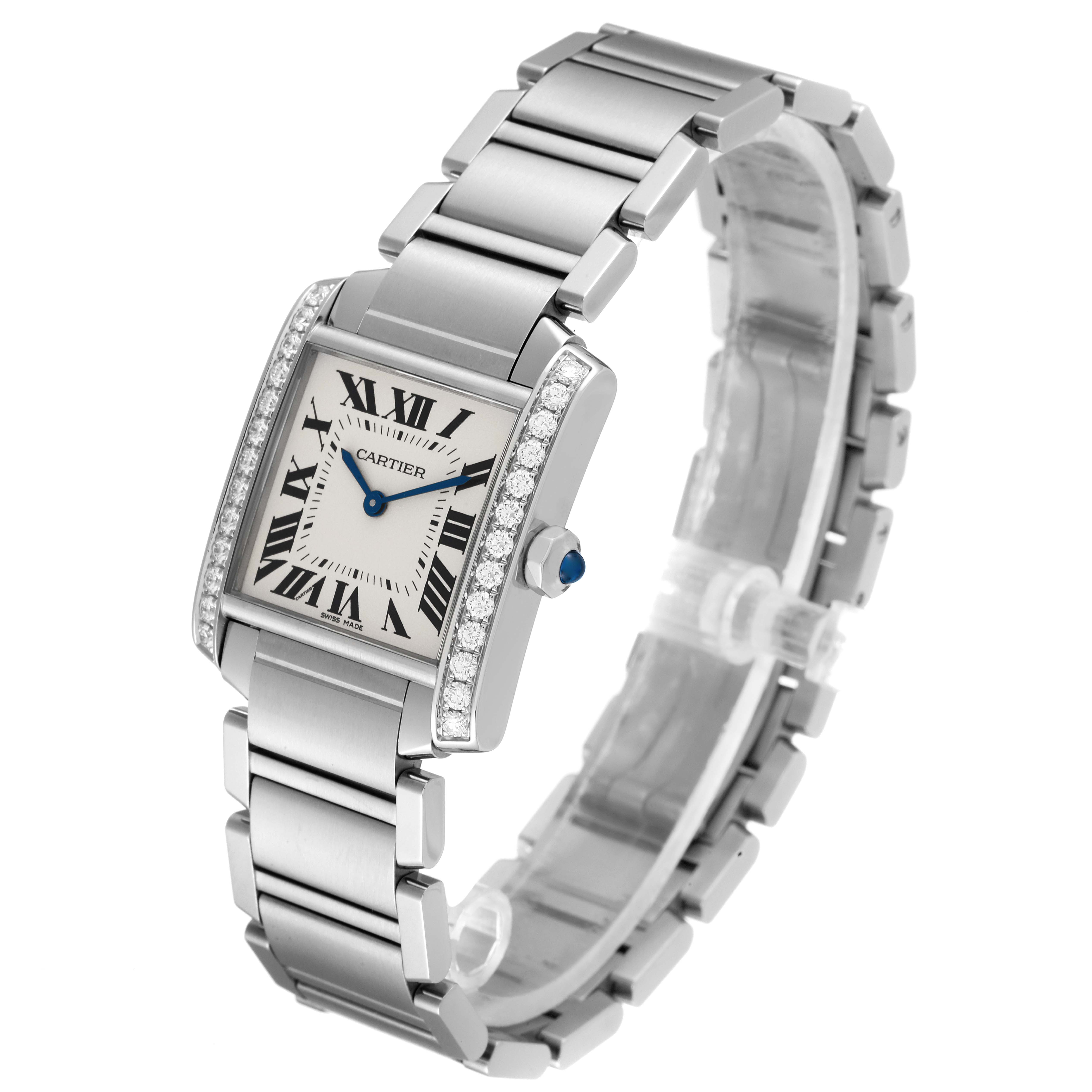 The image shows the Cartier Tank Francaise W4TA0009 Women's Stainless Steel Silver Dial W4TA0009 Women's Stainless Steel Silver Dial watch at a slight angle displaying the case, dial, bracelet, and crown with a blue cabochon.