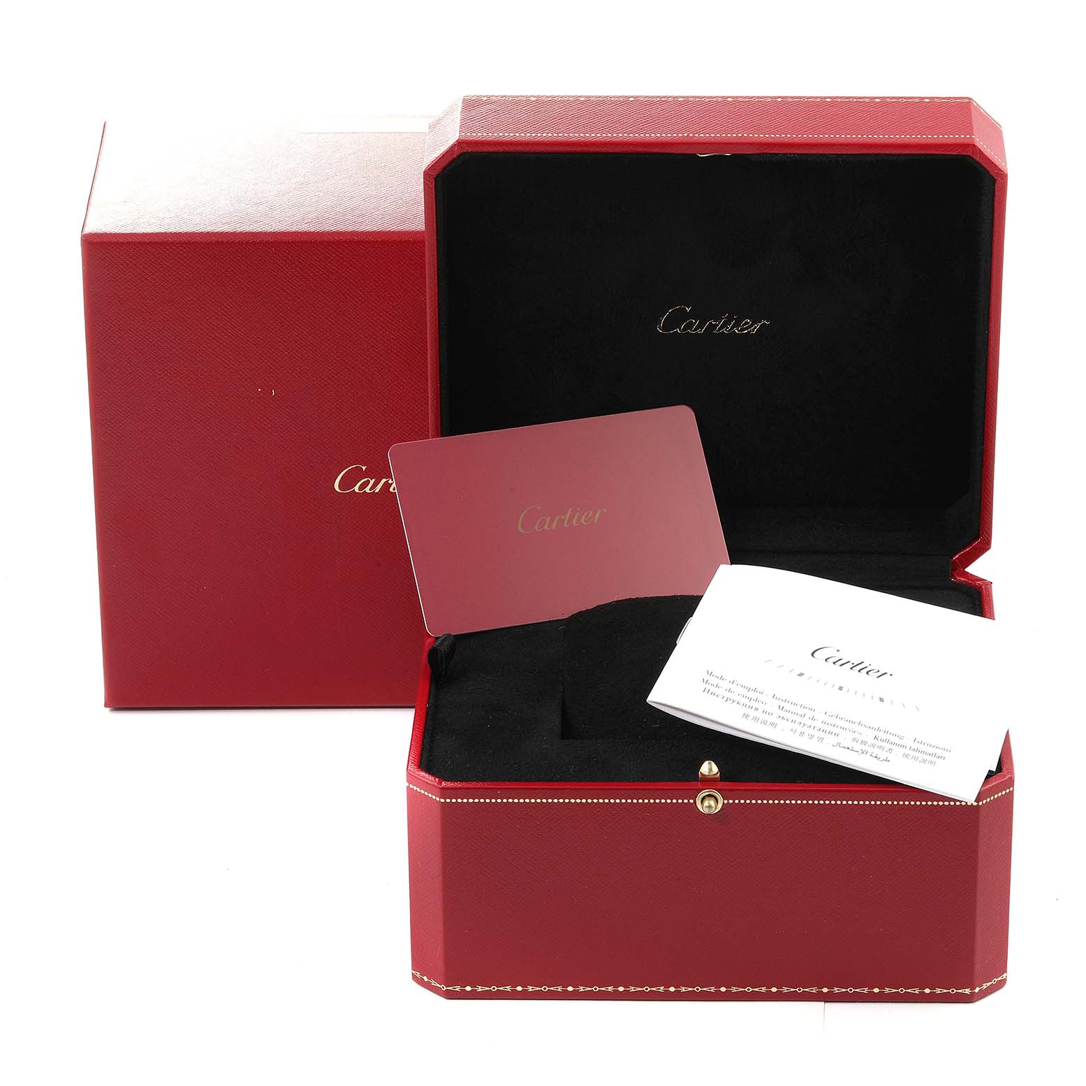 The image shows the Cartier Tank Francaise W4TA0009 Women's Stainless Steel Silver Dial W4TA0009 Women's Stainless Steel Silver Dial watch box, an open jewelry box, and authenticity cards from an angle revealing their interiors.