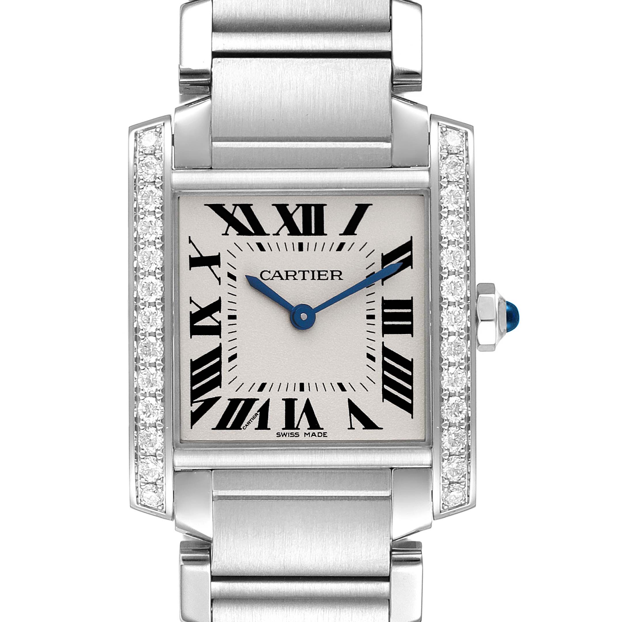 The Cartier Tank Francaise W4TA0009 Women's Stainless Steel Silver Dial W4TA0009 Women's Stainless Steel Silver Dial watch is shown from a top-front angle, highlighting its dial, Roman numerals, hands, and stainless steel bracelet.