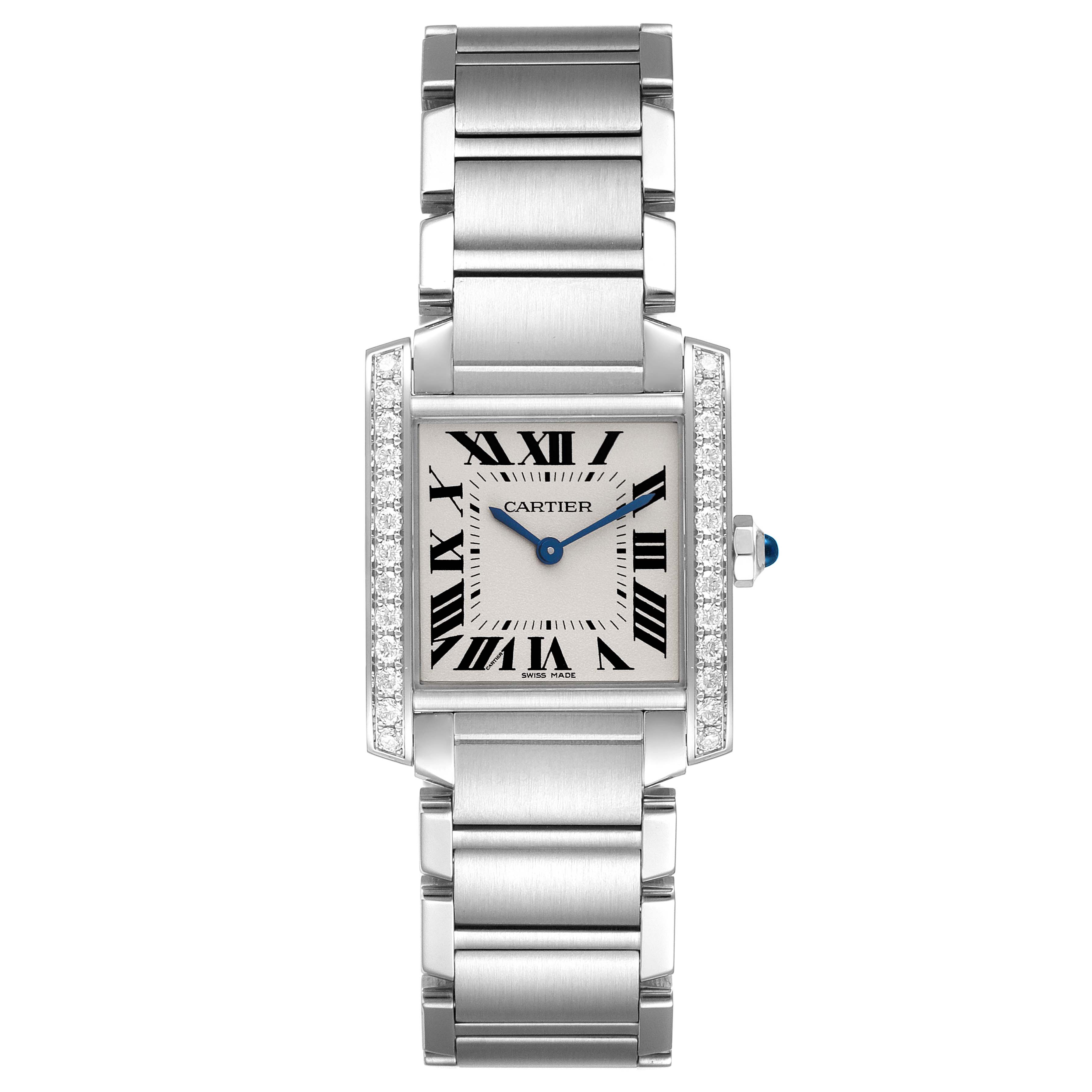 The image shows a front view of the Cartier Tank Française watch, featuring its rectangular dial, bracelet, and diamond accents on the sides.