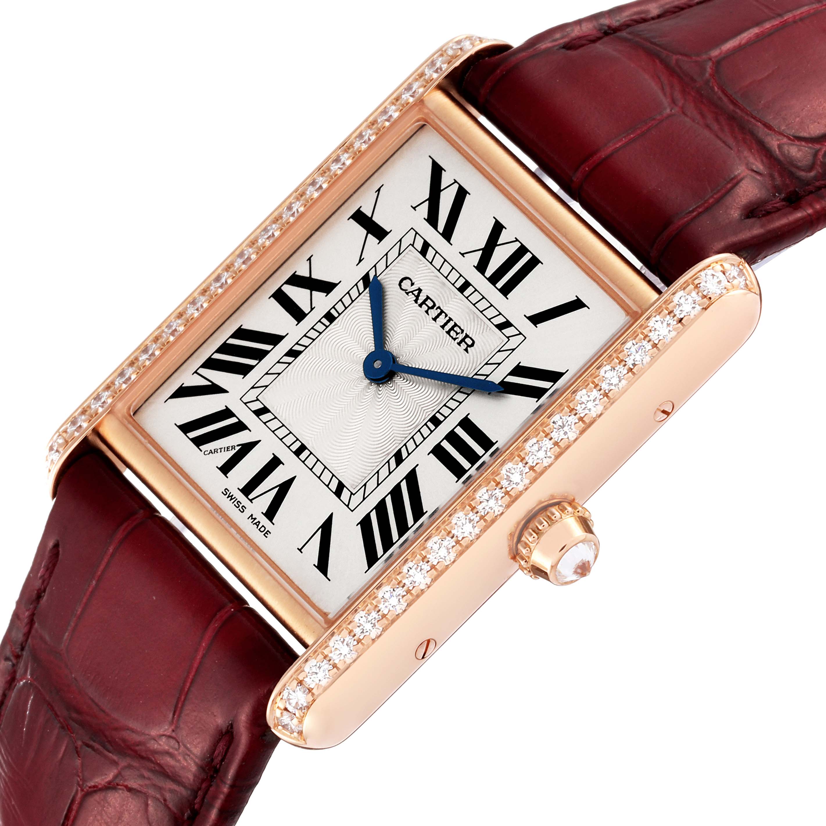 This image shows a close-up angle of the Cartier Tank Louis WJTA0014 Women's Yellow Gold Silver Dial WJTA0014 Women's Yellow Gold Silver Dial watch, highlighting its face, diamond-set case, and burgundy leather strap.