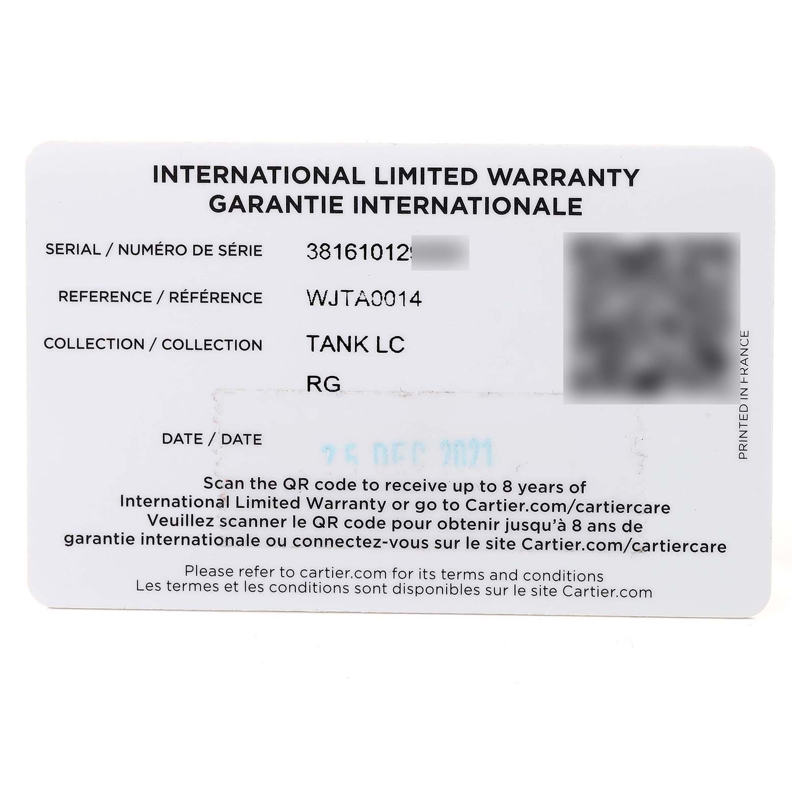 The image shows an international limited warranty card for the Cartier Tank Louis WJTA0014 Women's Yellow Gold Silver Dial WJTA0014 Women's Yellow Gold Silver Dial watch model.