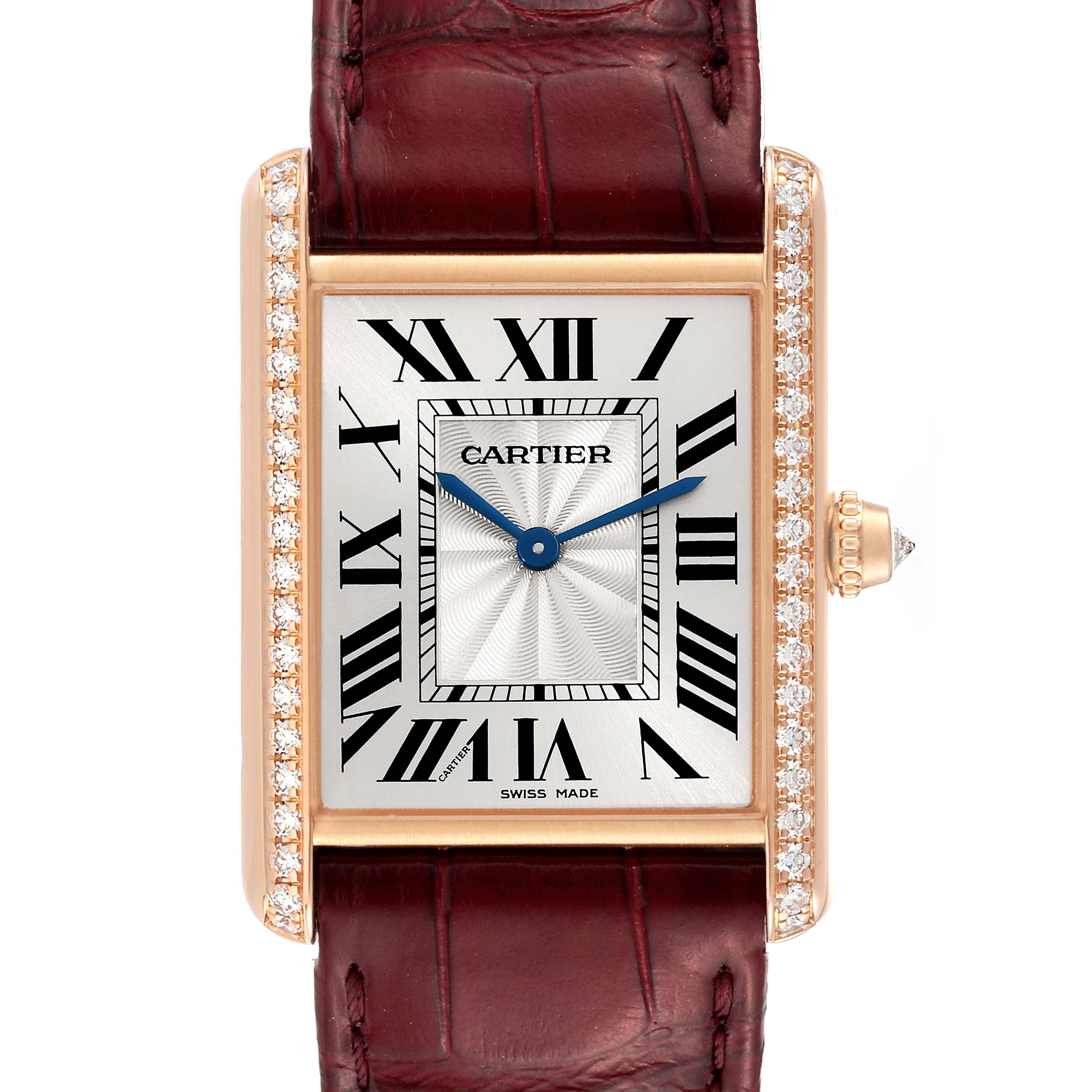 This Cartier Tank Louis WJTA0014 Women's Yellow Gold Silver Dial WJTA0014 Women's Yellow Gold Silver Dial model watch is shown from the front, displaying the face, bezel with diamonds, and part of the leather strap.