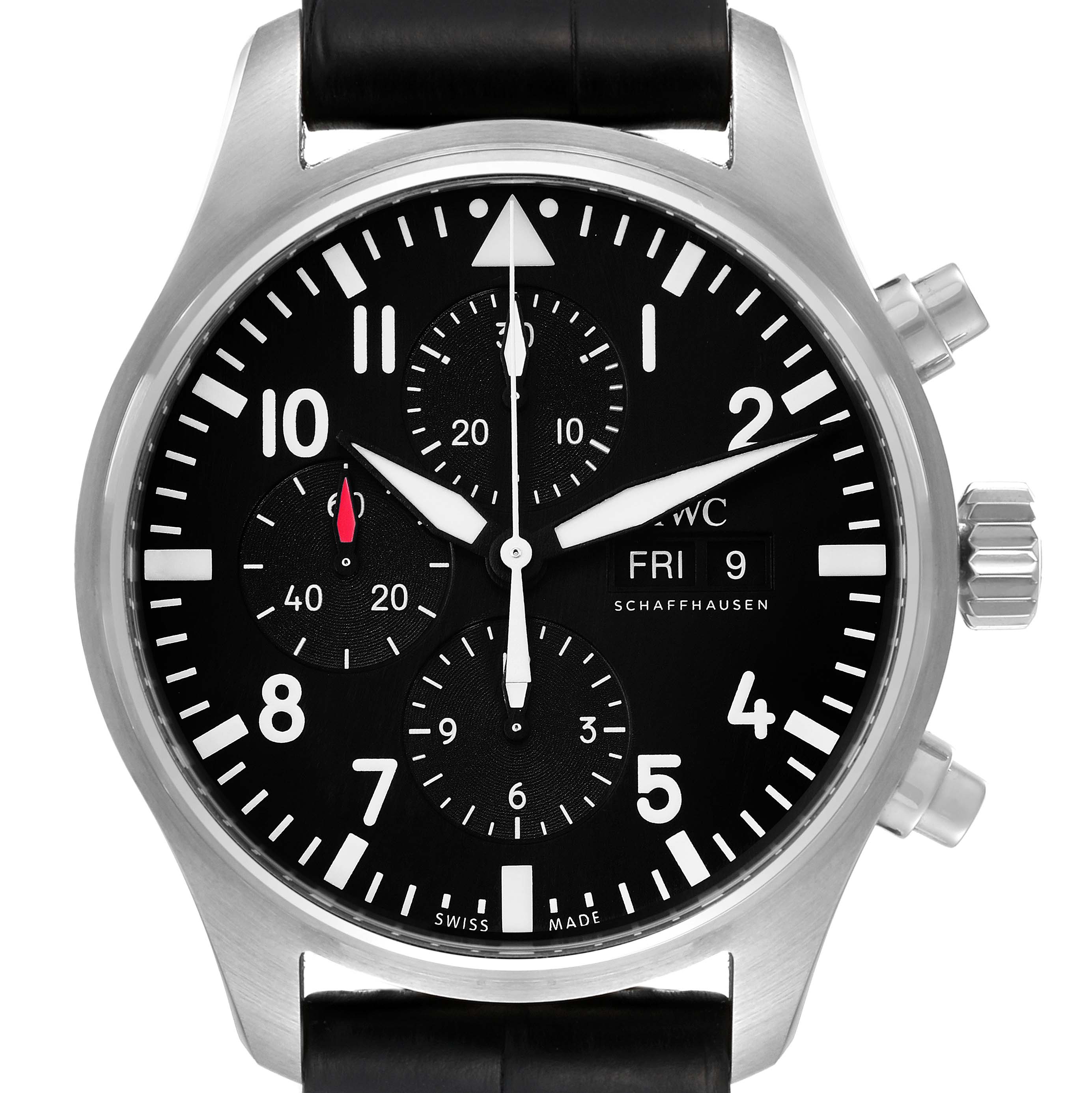 The image shows a front view of the IWC Pilot IW377709 Men's Stainless Steel Black Dial IW377709 Men's Stainless Steel Black Dial model watch, highlighting the dial, hands, subdials, crown, and pushers.