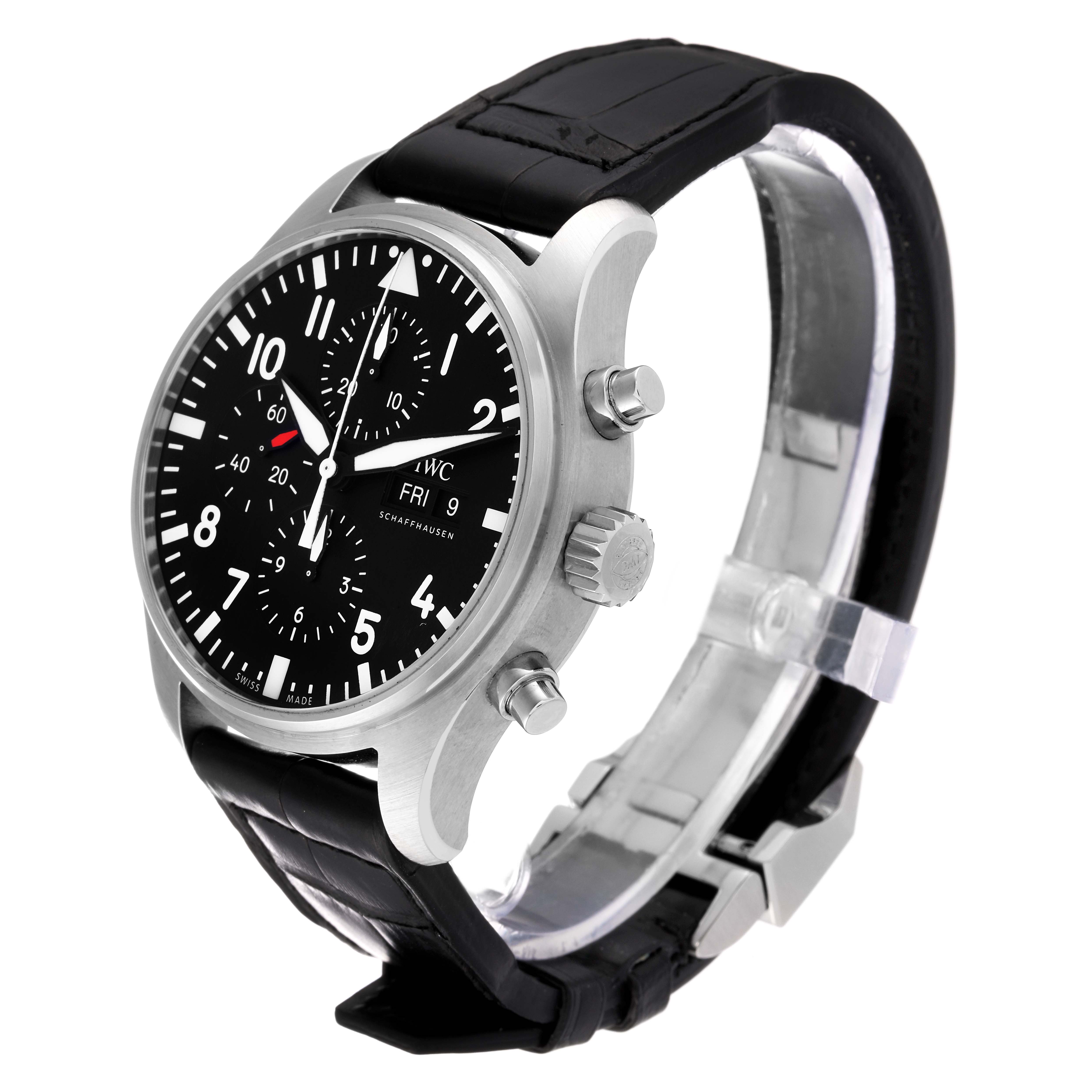 The IWC Pilot IW377709 Men's Stainless Steel Black Dial IW377709 Men's Stainless Steel Black Dial model watch is shown from an angled side view, highlighting the face, crown, pushers, and black leather strap.